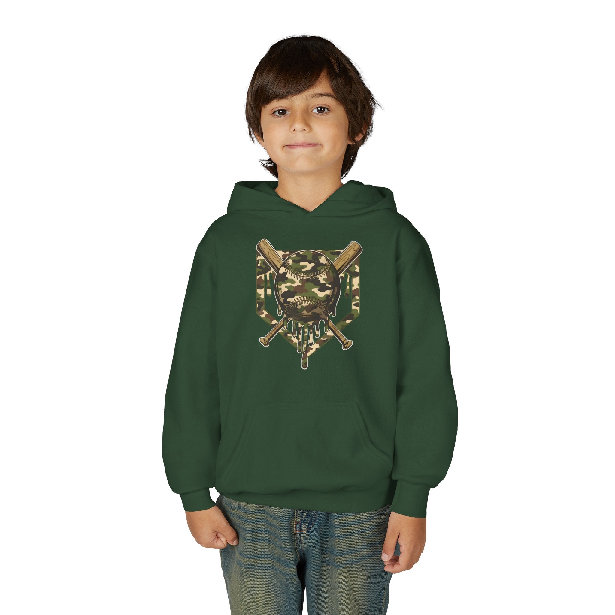 Youth Camo Baseball Crest Hoodie – Camouflage Bat & Home Plate Graphic
