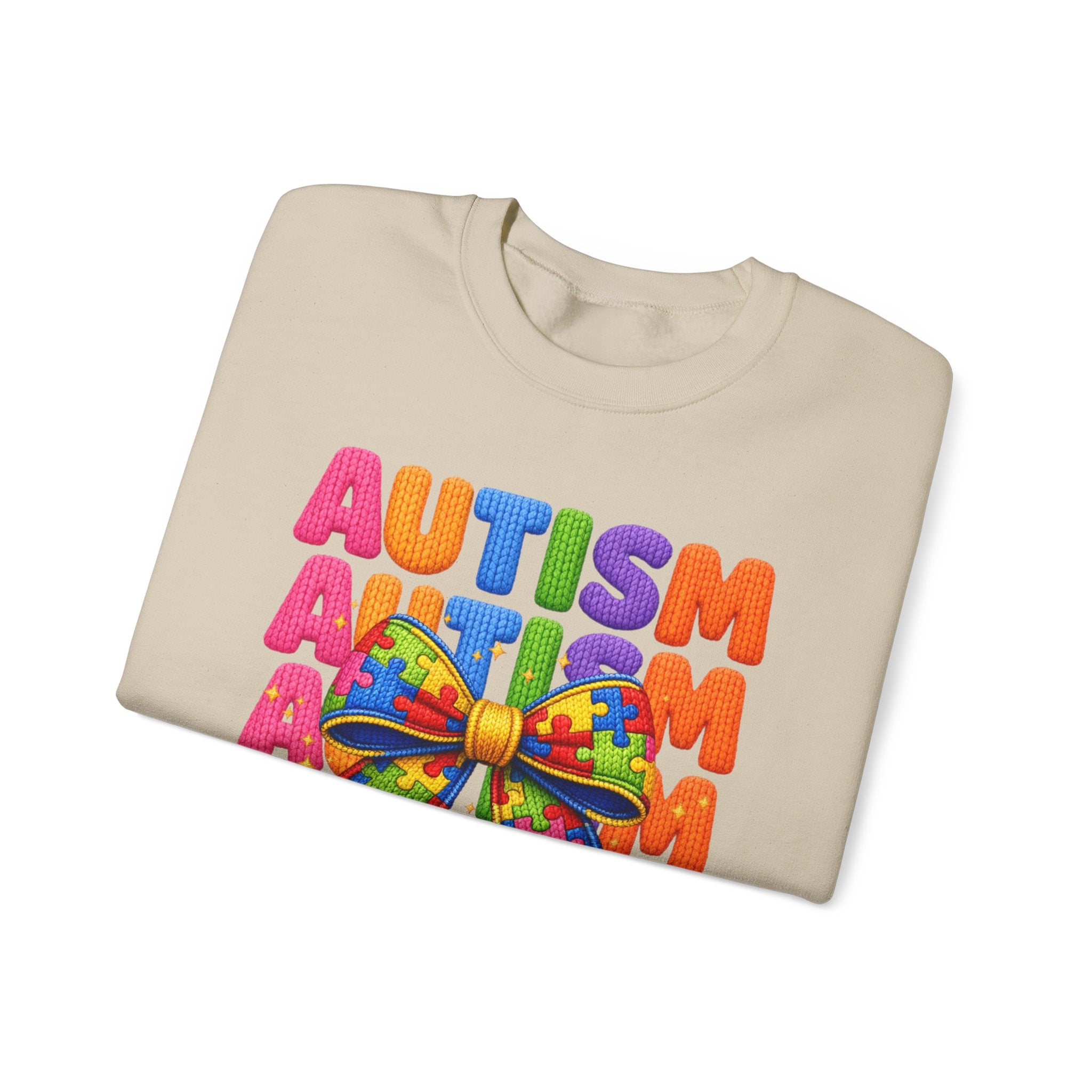 Autism Awareness Crewneck Sweatshirt — Colorful Puzzle Bow Design