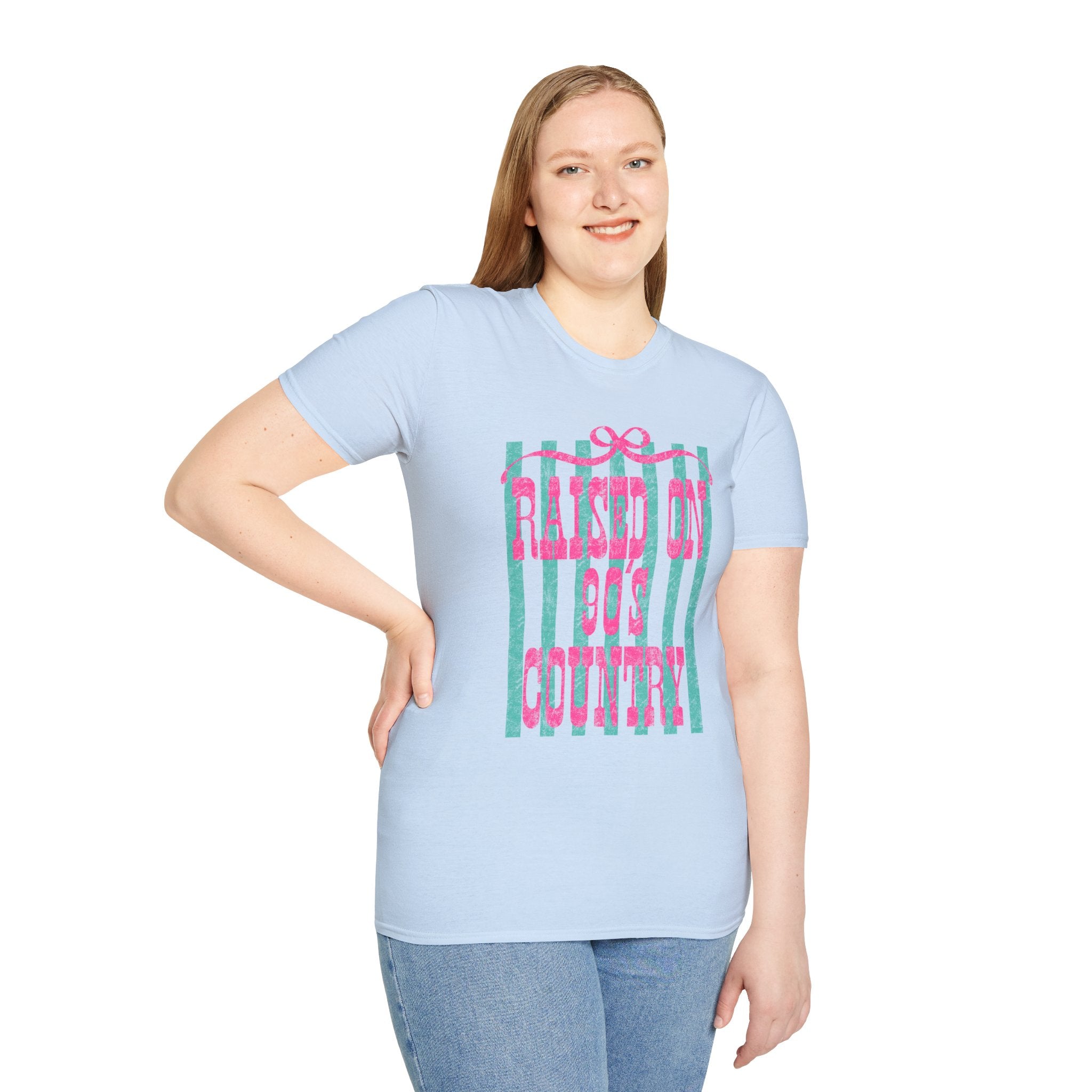 Raised On Rock & Country T-Shirt — Pink Teal Striped Graphic Tee