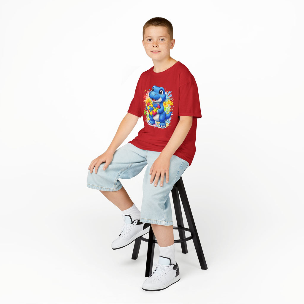 Kids T‑Shirt — Cute Blue Dinosaur Holding Puzzle Heart (Autism Awareness)