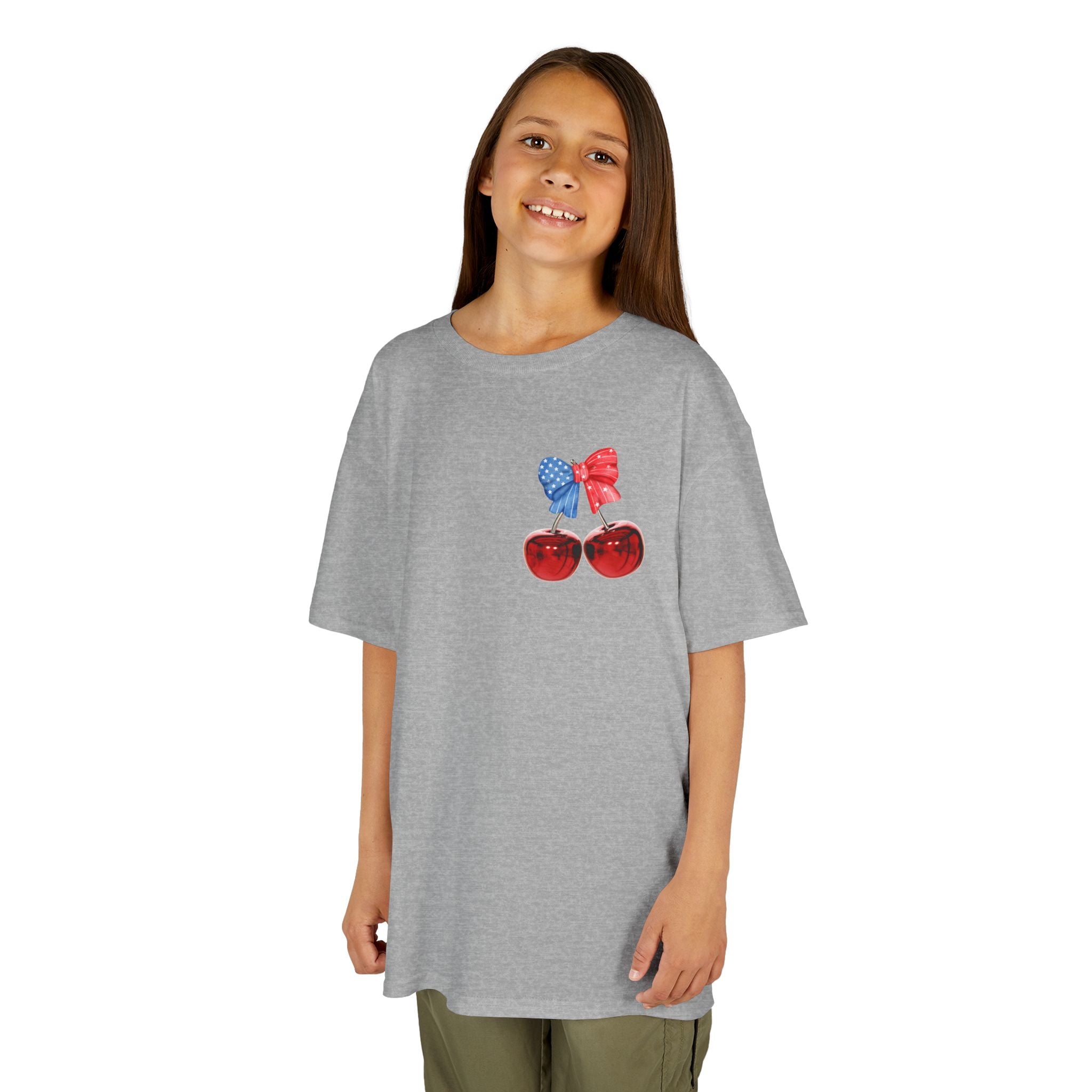 Kids Tee — Patriotic Cherry Graphic "All American Girl" — 4th of July Summer Shirt