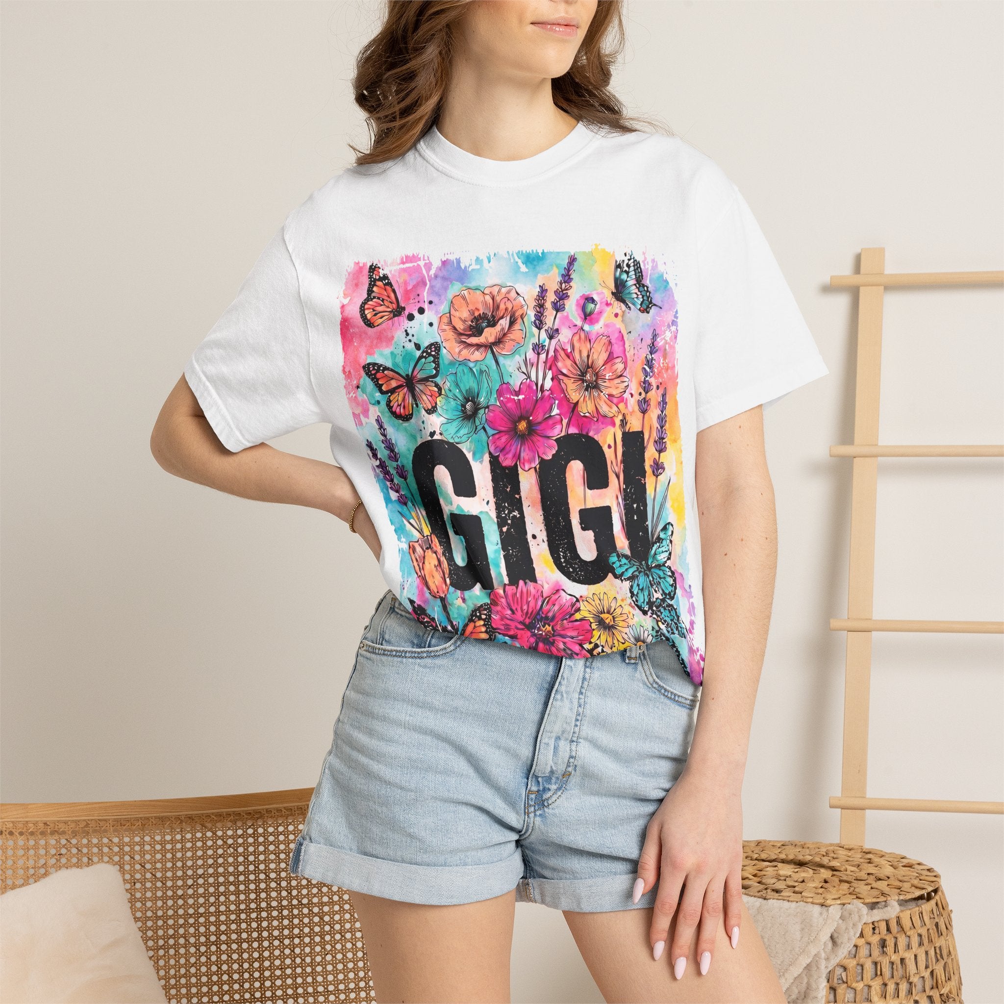 Gigi Floral Graphic T-Shirt — Colorful Butterflies & Flowers Gift Tee