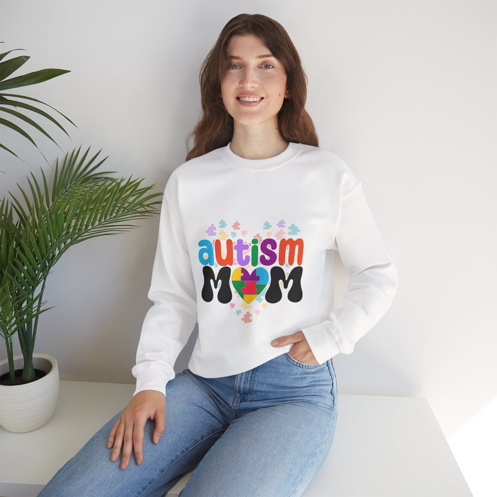 Autism Mom Crewneck Sweatshirt — Colorful Puzzle Heart Awareness Pullover