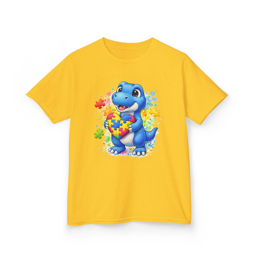 Kids T‑Shirt — Cute Blue Dinosaur Holding Puzzle Heart (Autism Awareness)
