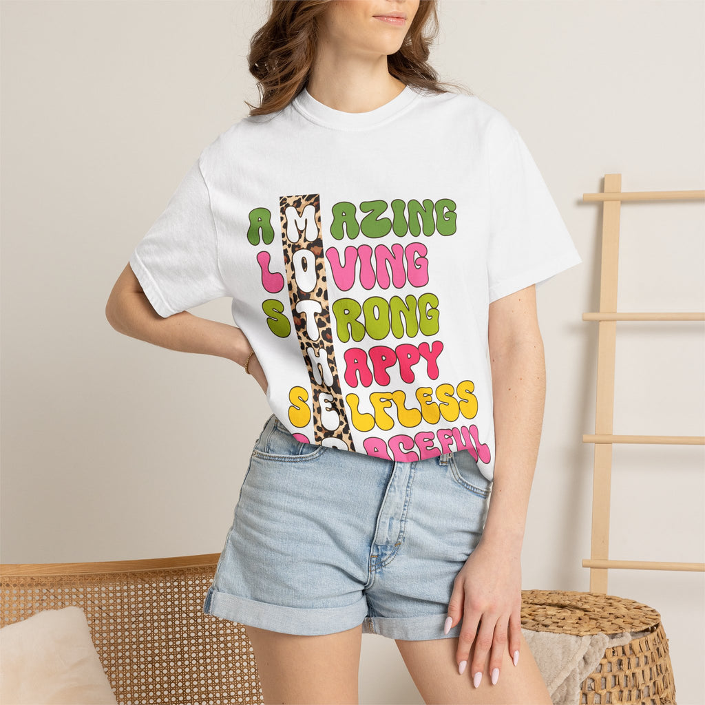 Mother Acrostic Graphic T-Shirt — Retro Bubble Letters & Leopard Accent