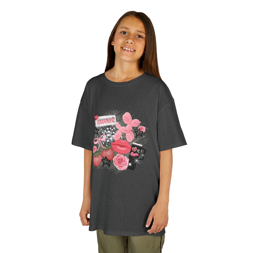 Kids Tee — Pink Floral Sticker Collage (Strawberries, Lips & Gadgets)