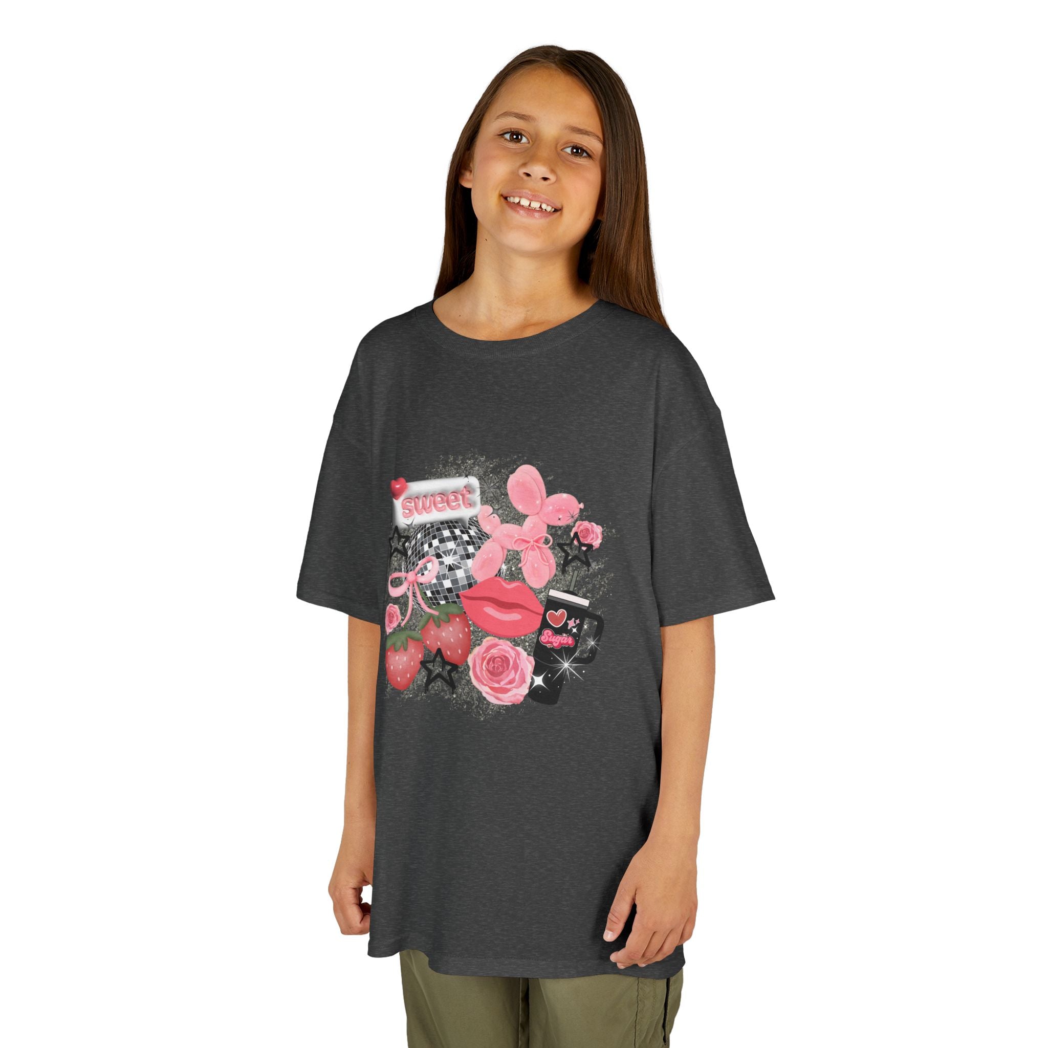 Kids Tee — Pink Floral Sticker Collage (Strawberries, Lips & Gadgets)