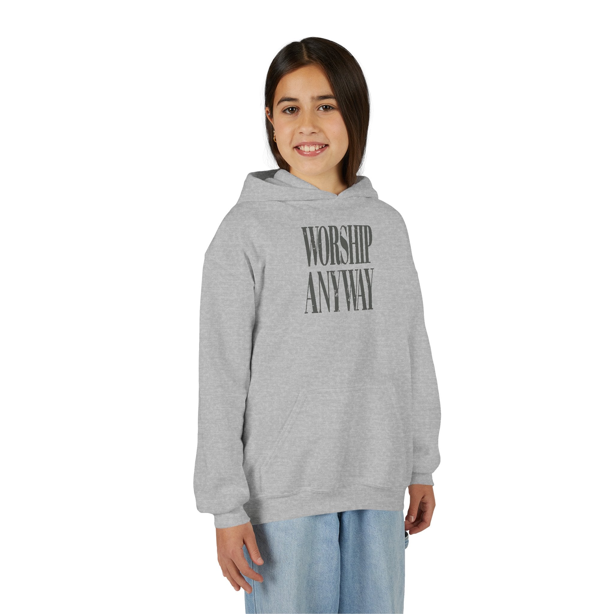 Youth Hoodie — "Worship Anyway" Minimalist Faith Pullover