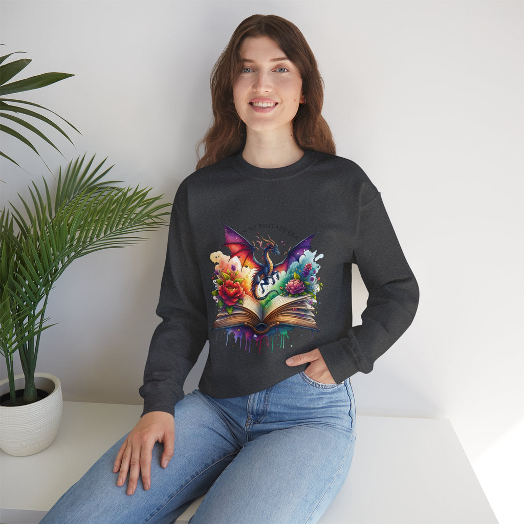 Crewneck Sweatshirt — Fantasy Dragon Emerging From Open Book with Flowers