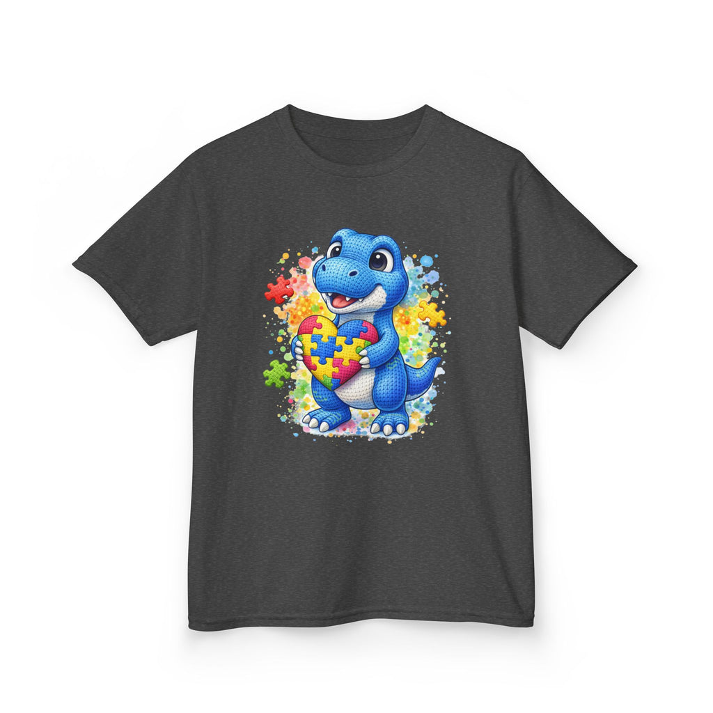 Kids T‑Shirt — Cute Blue Dinosaur Holding Puzzle Heart (Autism Awareness)