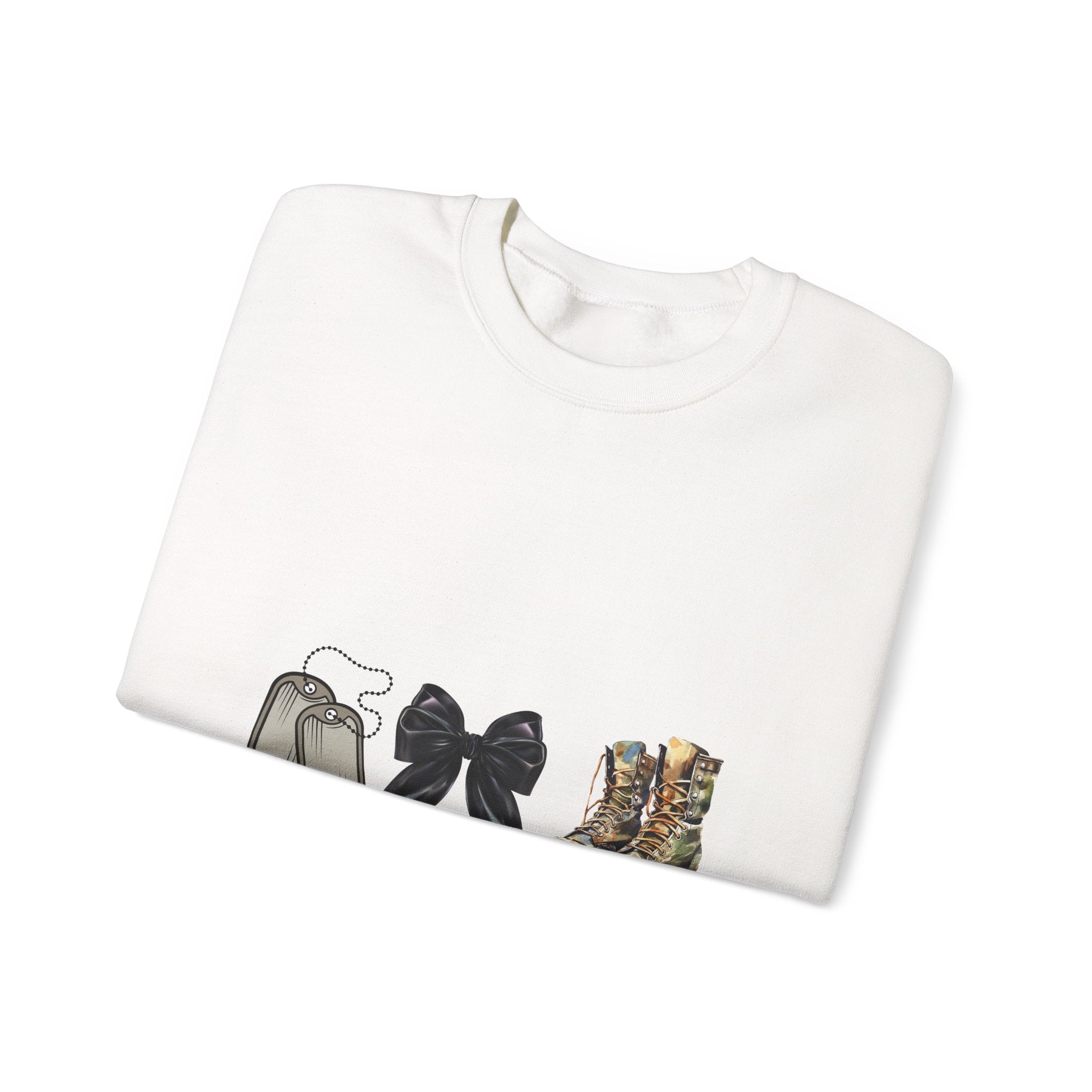 Crewneck Sweatshirt — "He's Working" Graphic with Boots, Bow & Baby Shoes