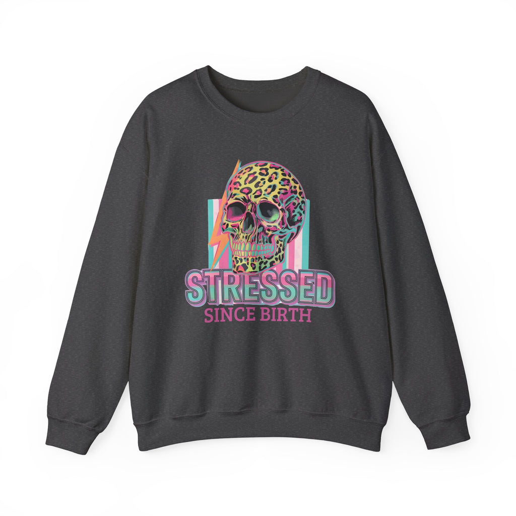 Stressed Since Birth Skull Crewneck Sweatshirt — Retro Neon Leopard Skull Pullover
