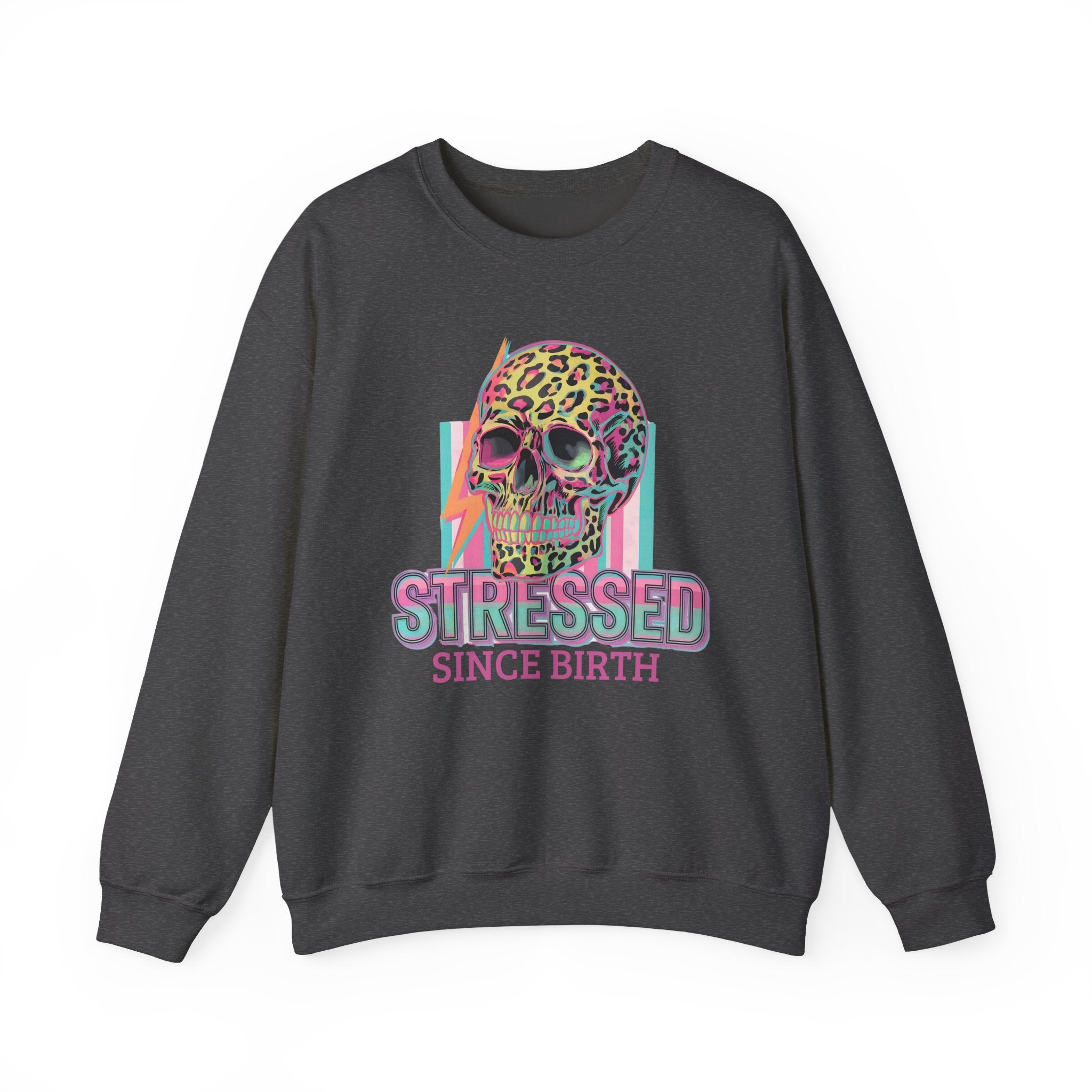 Stressed Since Birth Skull Crewneck Sweatshirt — Retro Neon Leopard Skull Pullover
