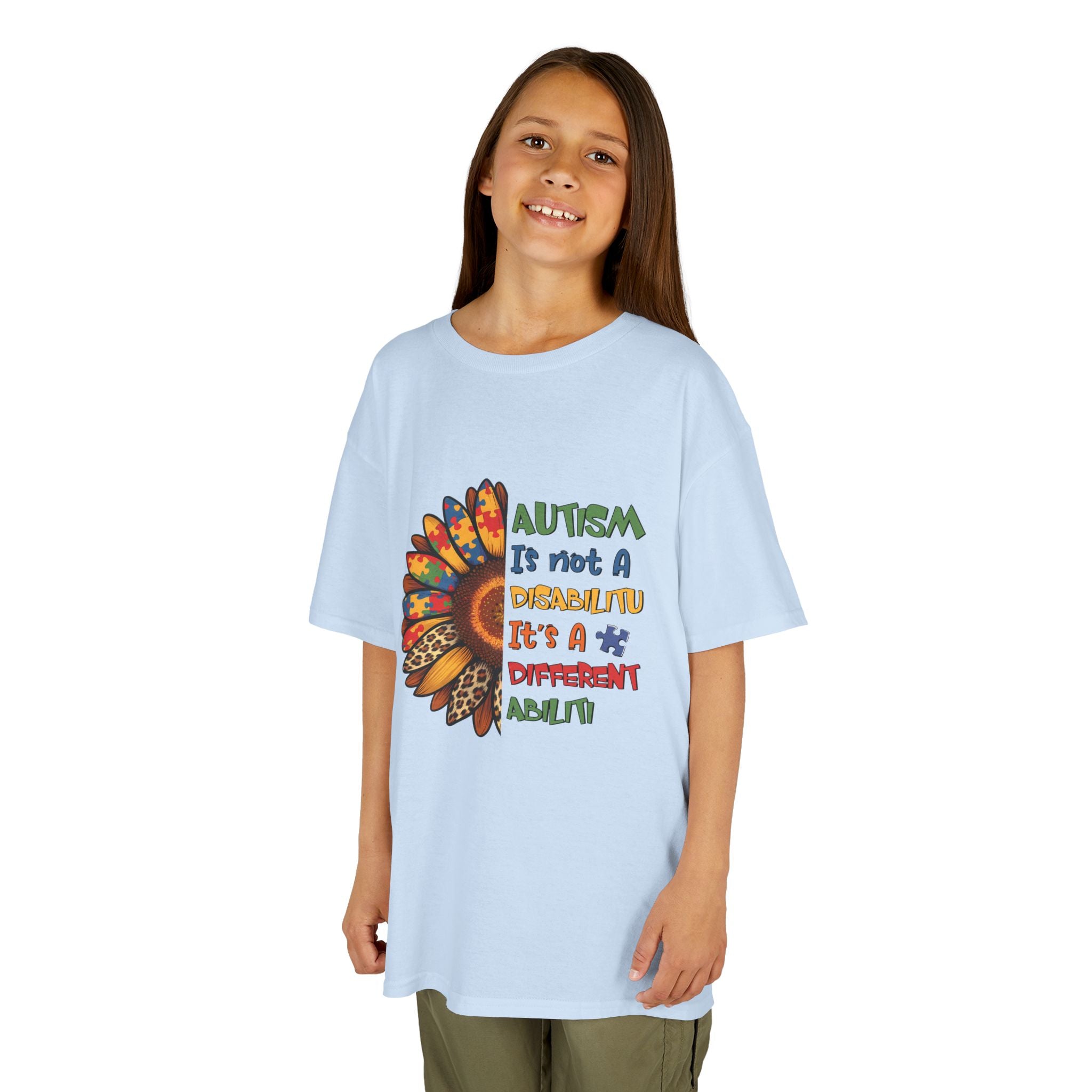Kids Tee — "Autism Is Not A Disability It's A Different Ability" Colorful Feather Design