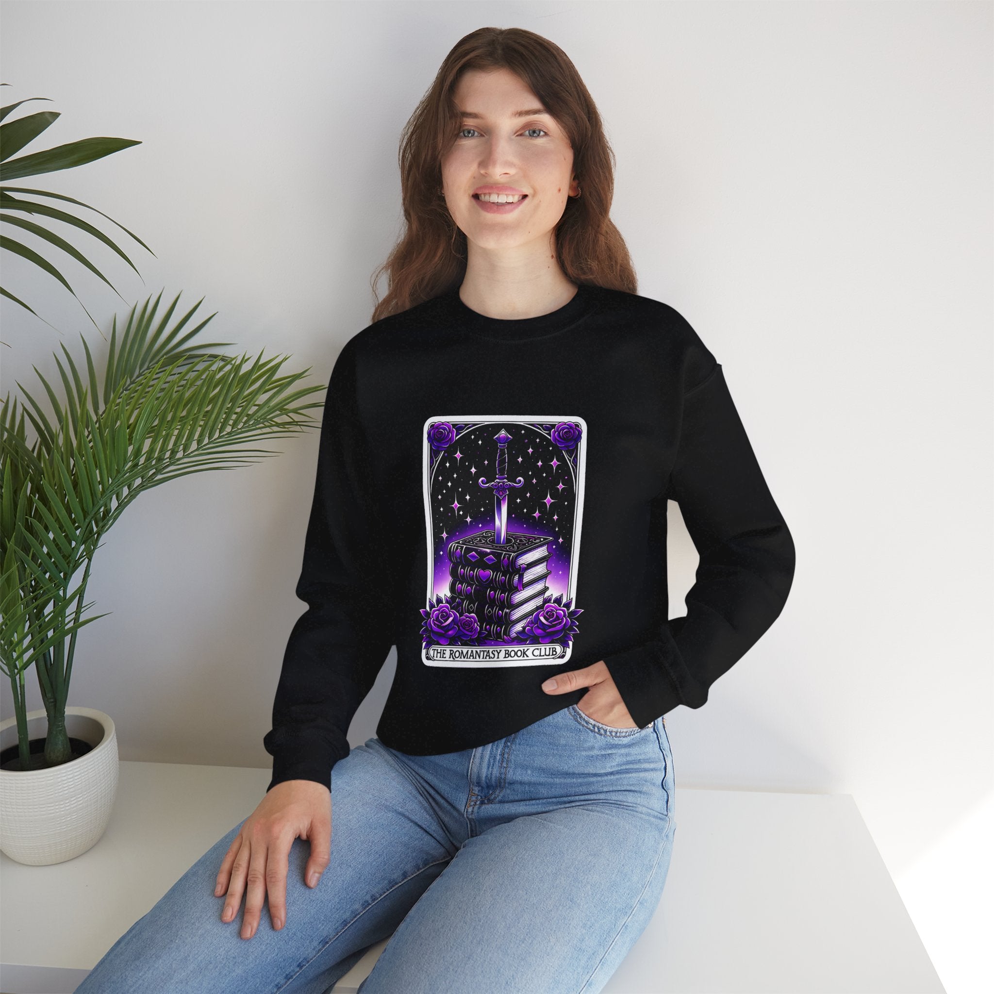 Crewneck Sweatshirt — The Bookish Witch: 'The Enchanted Book Club' Purple Sword & Books Graphic
