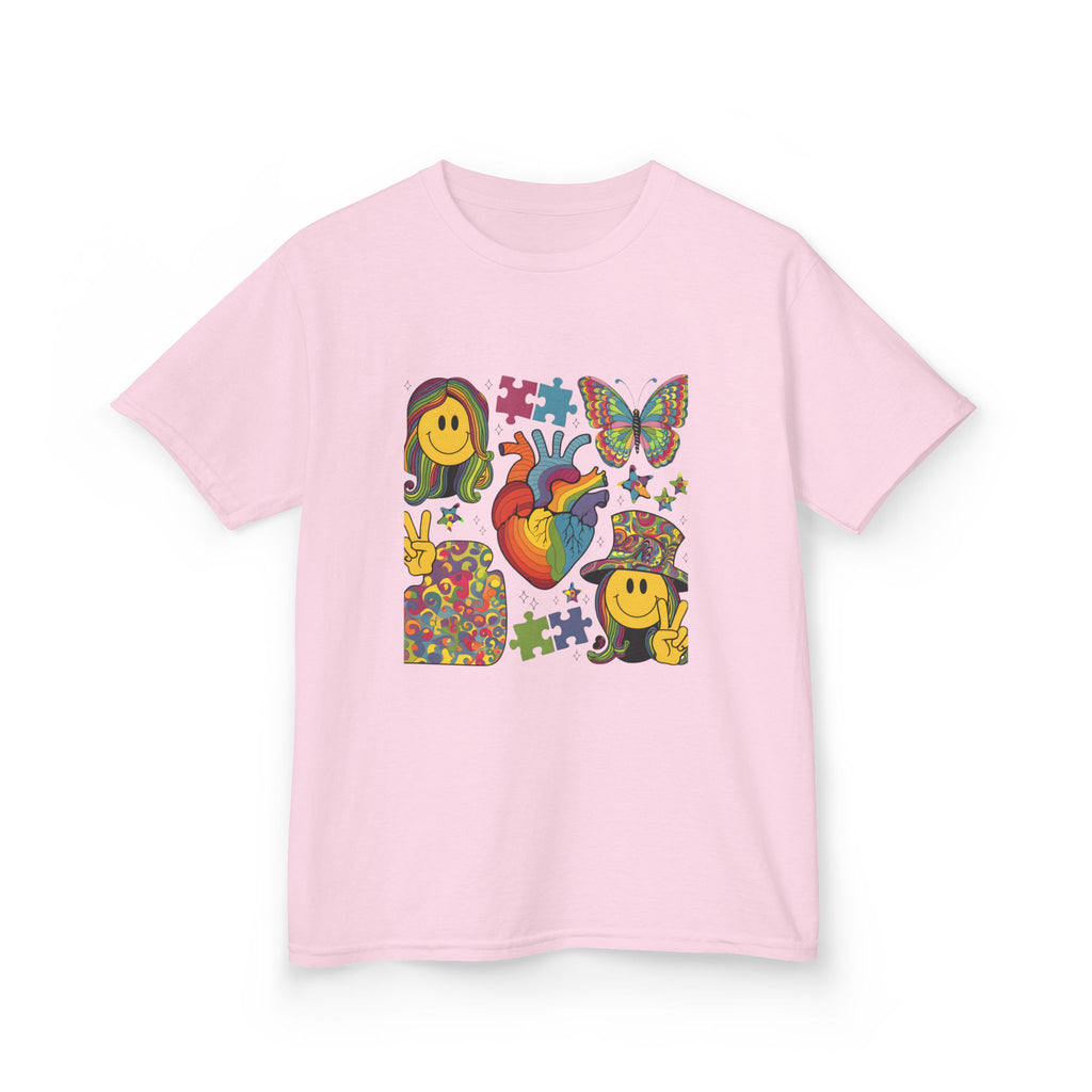 Kids Tee — Colorful Psychedelic Smiley & Puzzle Heart Graphic