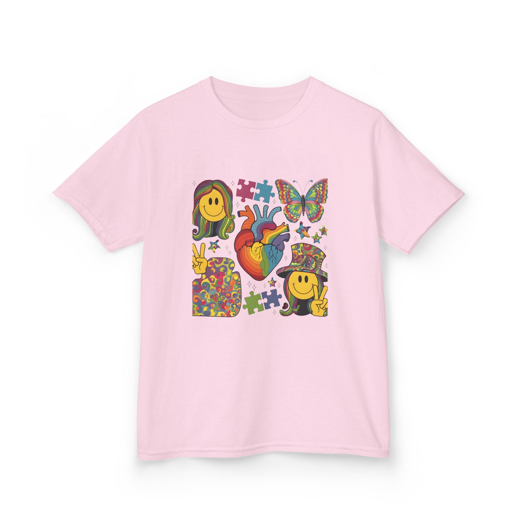 Kids Tee — Colorful Psychedelic Smiley & Puzzle Heart Graphic