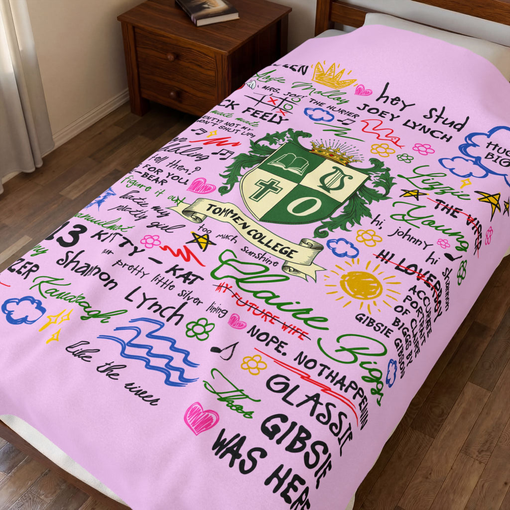 Velveteen Plush Blanket — Pink Doodle College Crest Throw