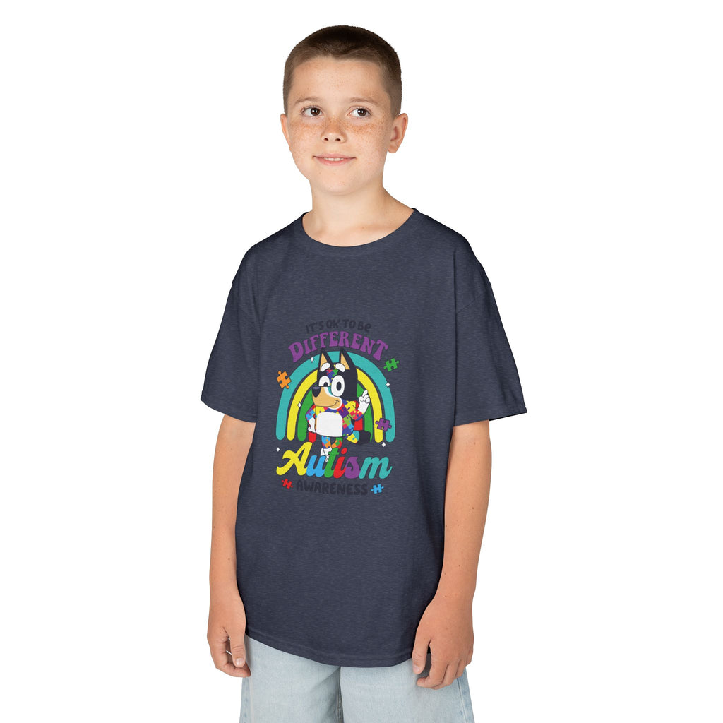Kids Tee — "It's OK to Be Different" Autism Awareness Rainbow Design