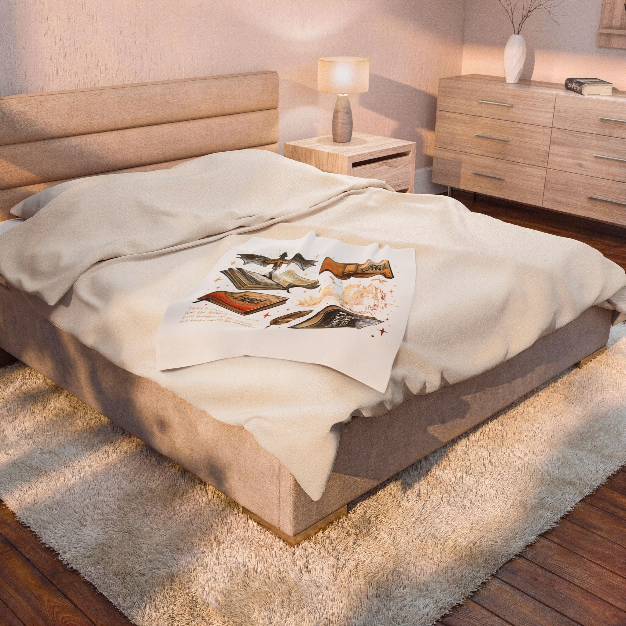 Fantasy Book Lover Plush Blanket – Magic Books & Castle Velveteen Throw