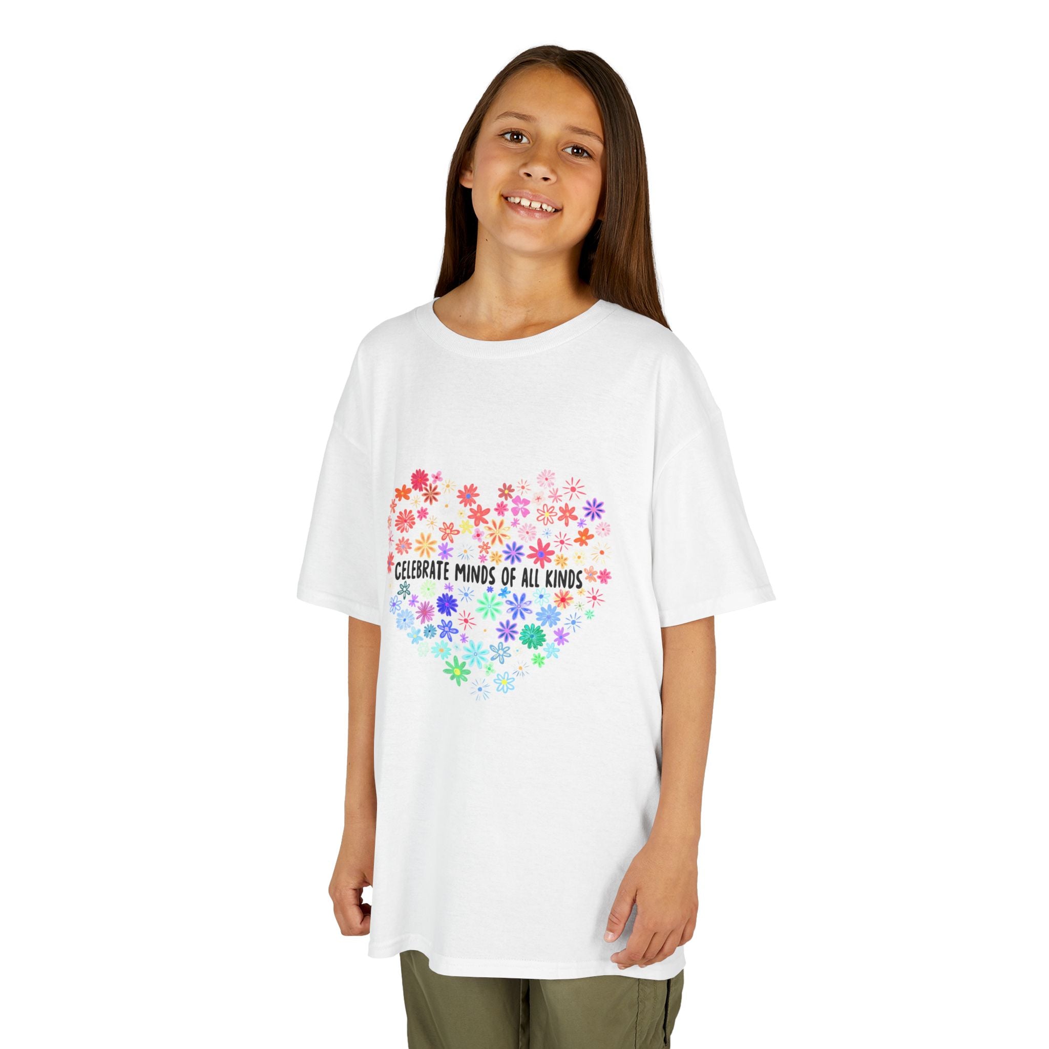 Kids T-Shirt — "Celebrate Minds of All Kinds" Rainbow Flower Heart