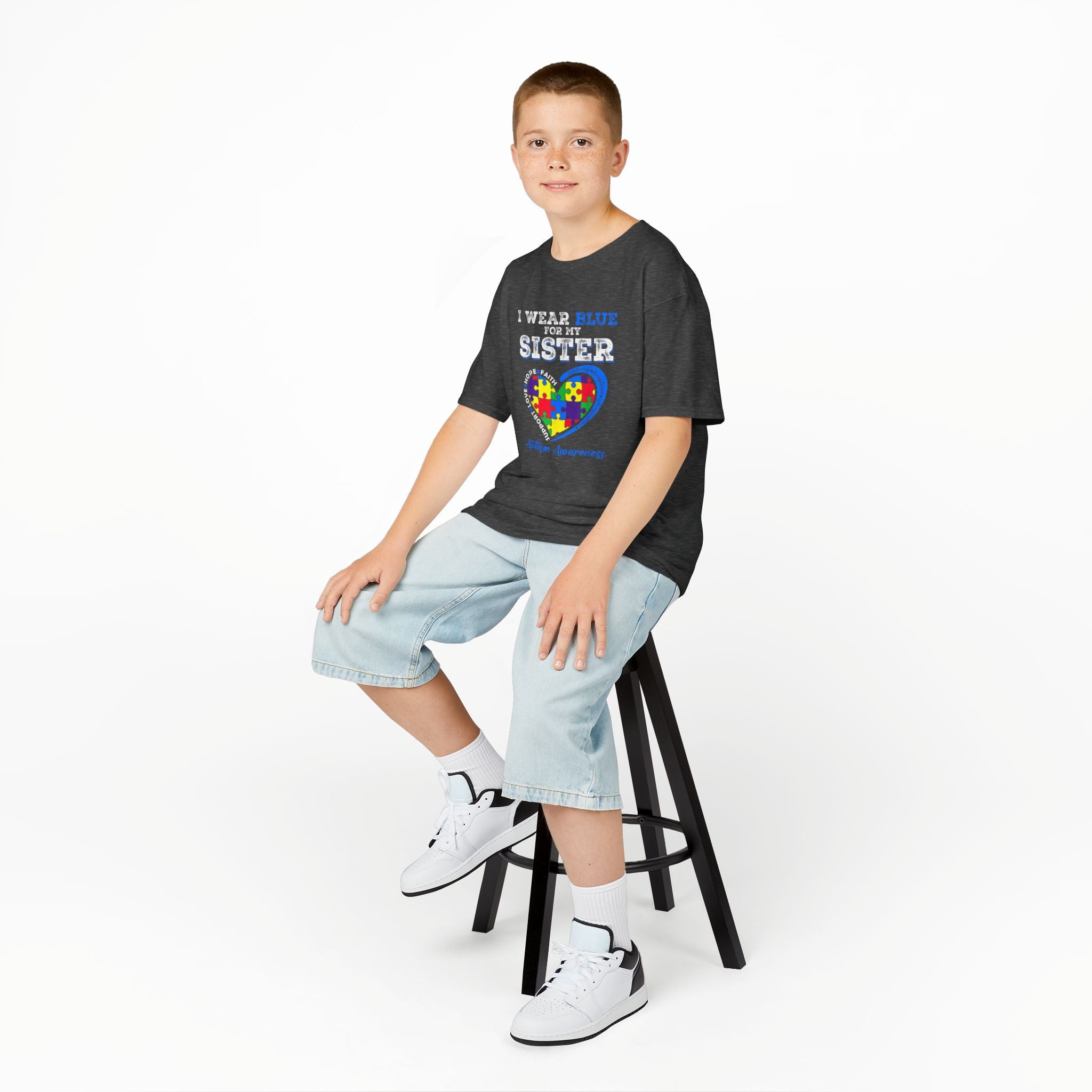 Autism Awareness Kids Tee — "I Wear Blue For My Sister" Puzzle Heart