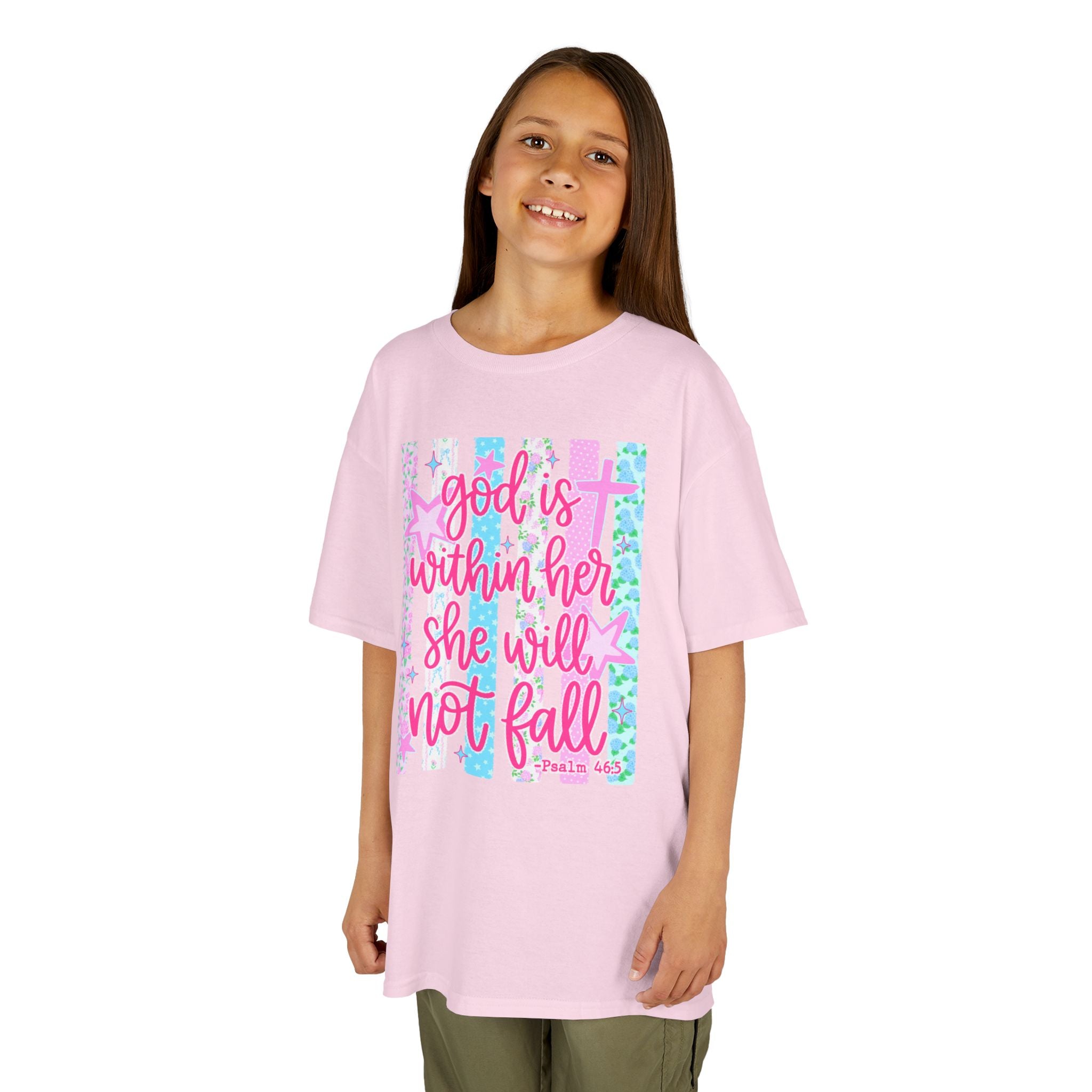 Kids Tee — "God is Within Her She Will Not Fall" Inspirational Girls T‑Shirt (Pink & Pastel)