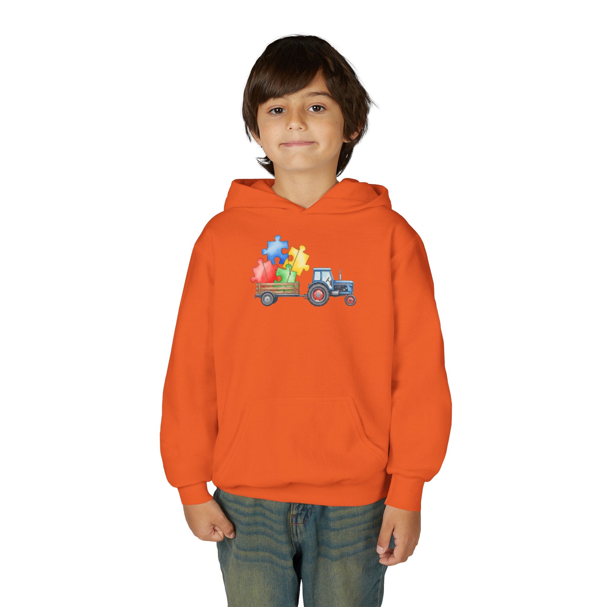 Kids Tractor Hoodie with Colorful Puzzle Pieces — Autism Awareness Youth Sweatshirt