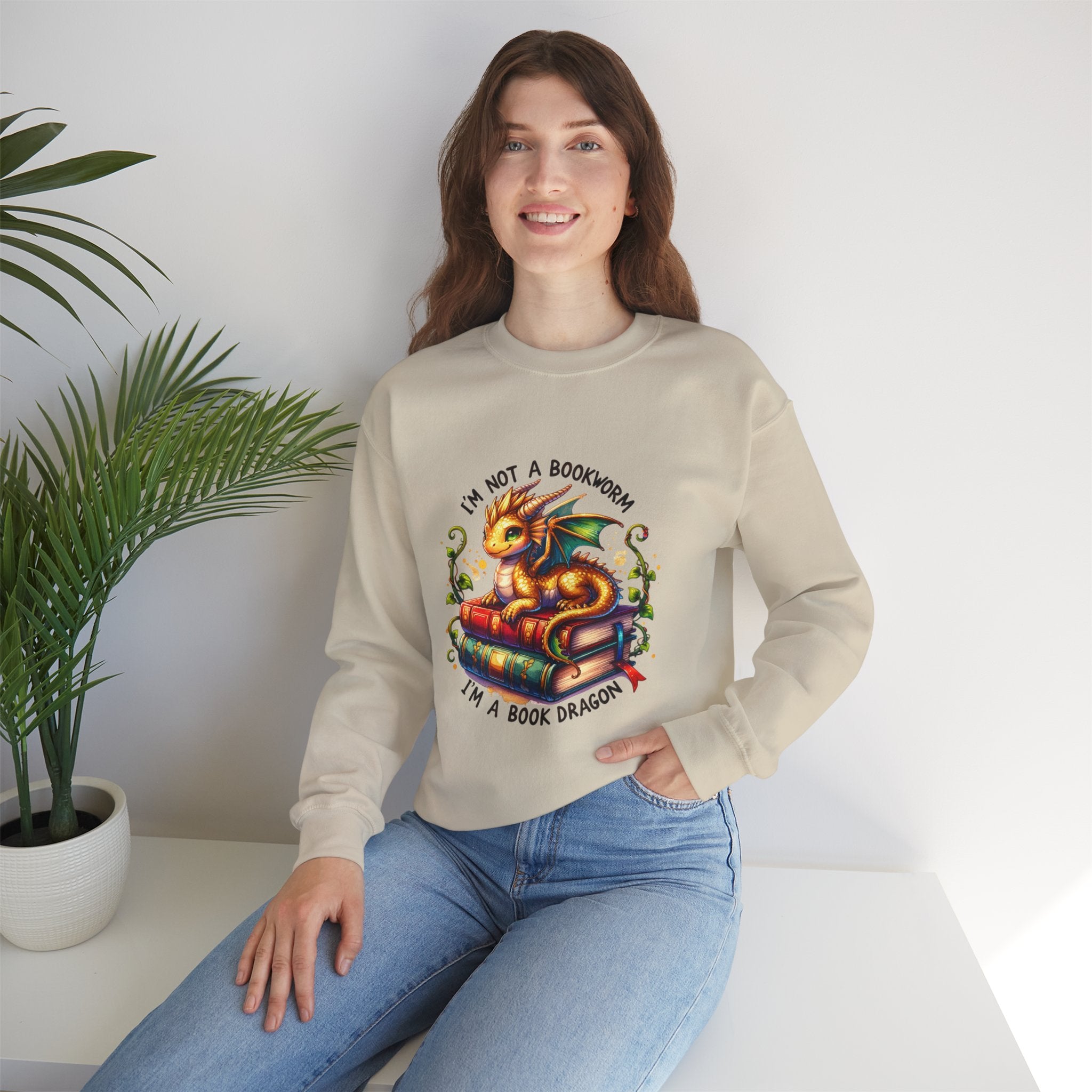 Book Dragon Crewneck Sweatshirt — "I'm Not a Bookworm, I'm a Book Dragon" Cozy Reader Sweatshirt