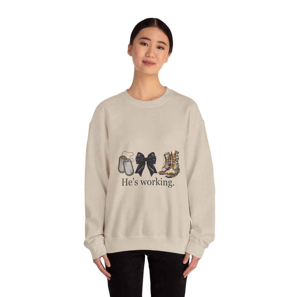 Crewneck Sweatshirt — "He's Working" Graphic with Boots, Bow & Baby Shoes