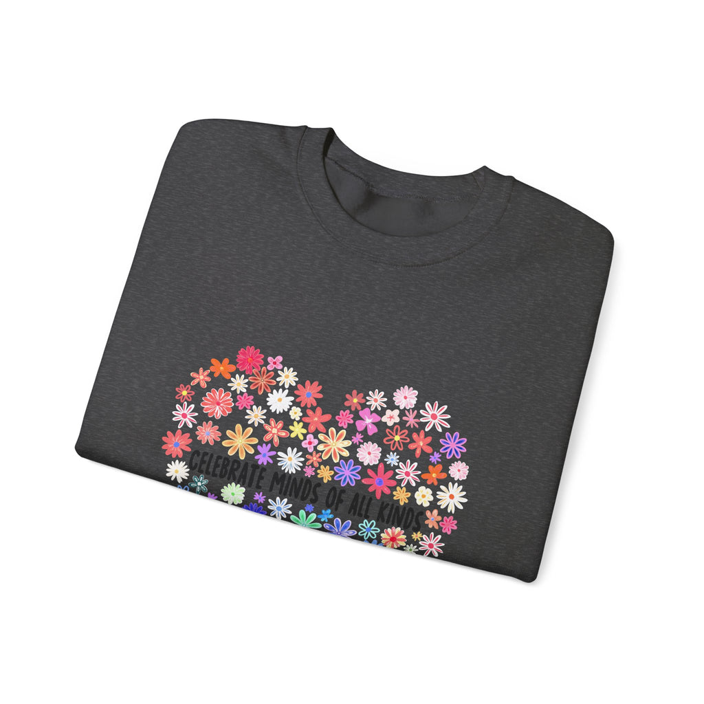 Crewneck Sweatshirt — "Celebrate Minds of All Kinds" Rainbow Floral Heart, Neurodiversity Pride Gift