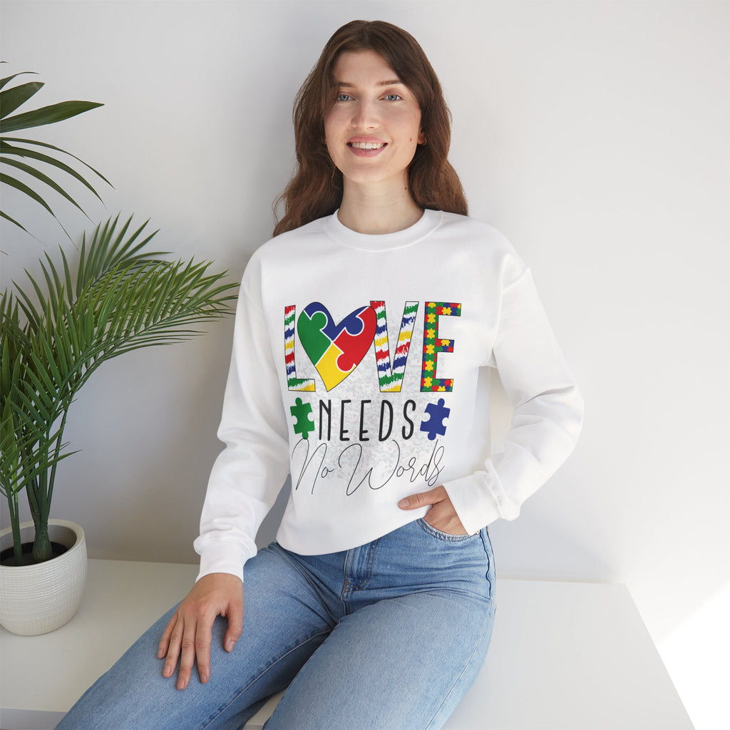 Autism Awareness Crewneck Sweatshirt — "Love Needs No Words" Puzzle Heart Design