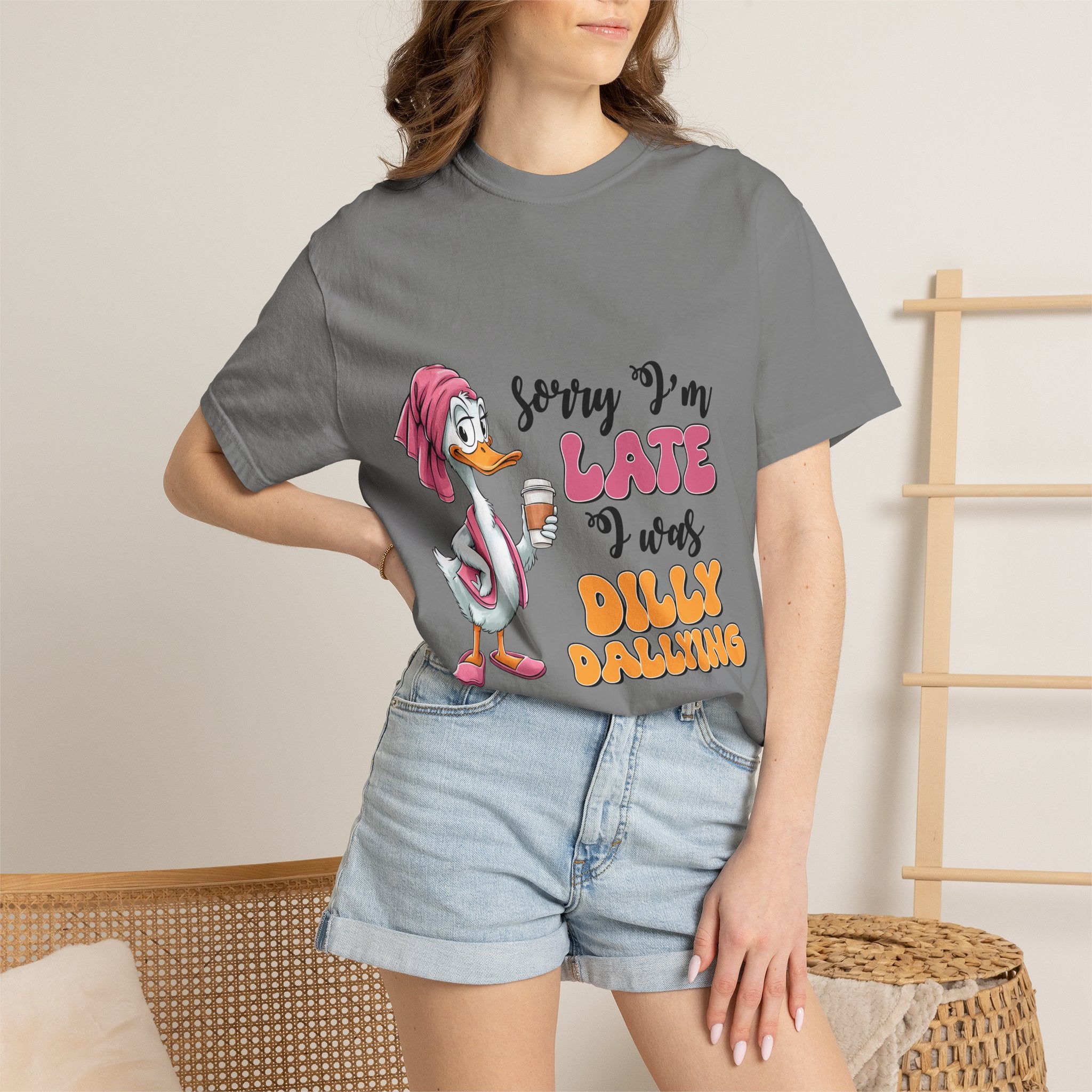 Funny Duck T-Shirt — "Sorry I'm Late I Was Dilly Dallying" Cartoon Tee