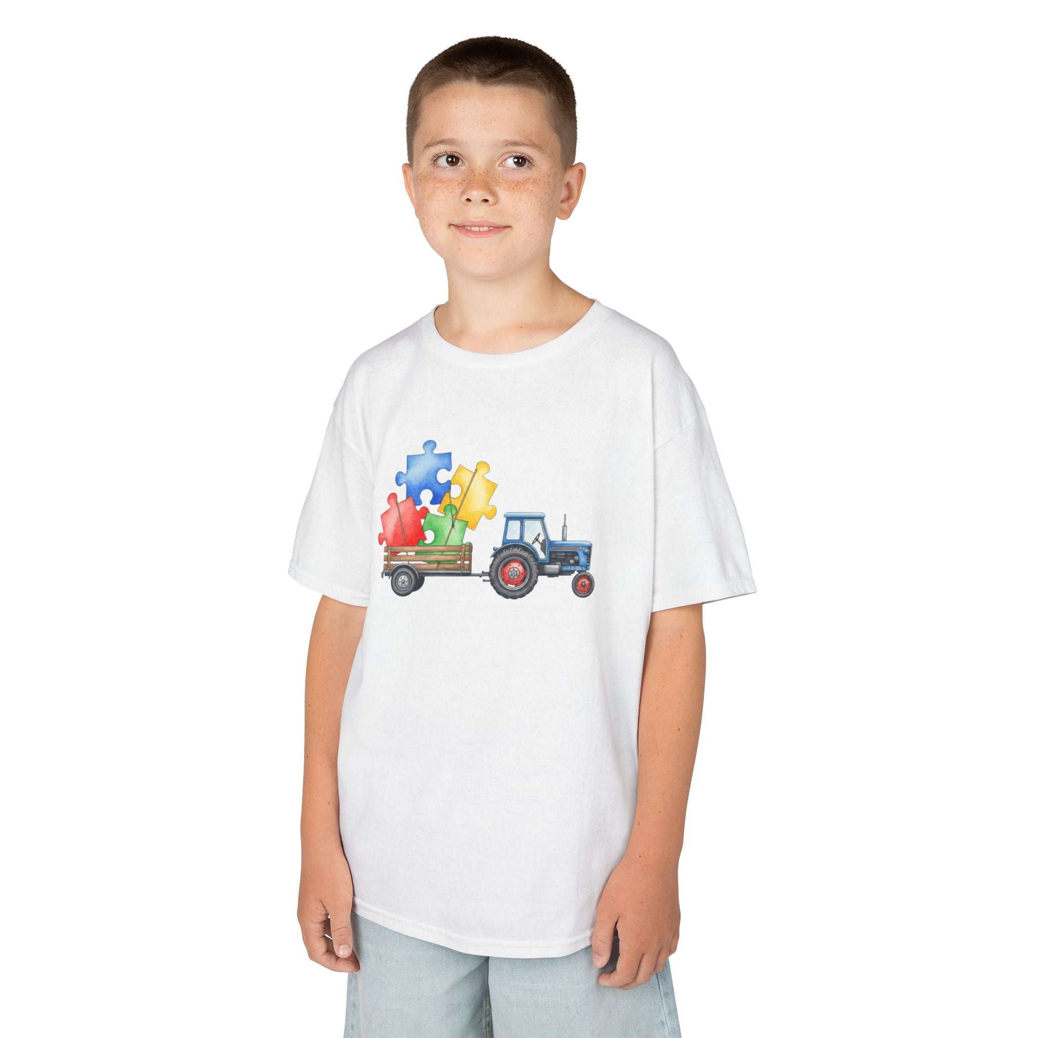 Kids Tractor with Puzzle Pieces T-Shirt — Autism Awareness Farm Tee
