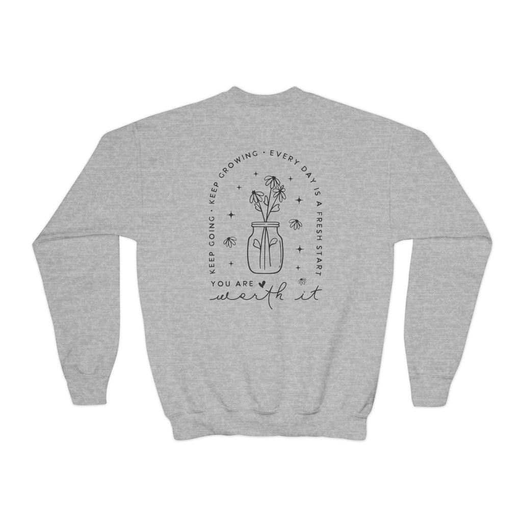 Youth Crewneck Sweatshirt — "You Are Worthy" Floral Graphic Sweatshirt