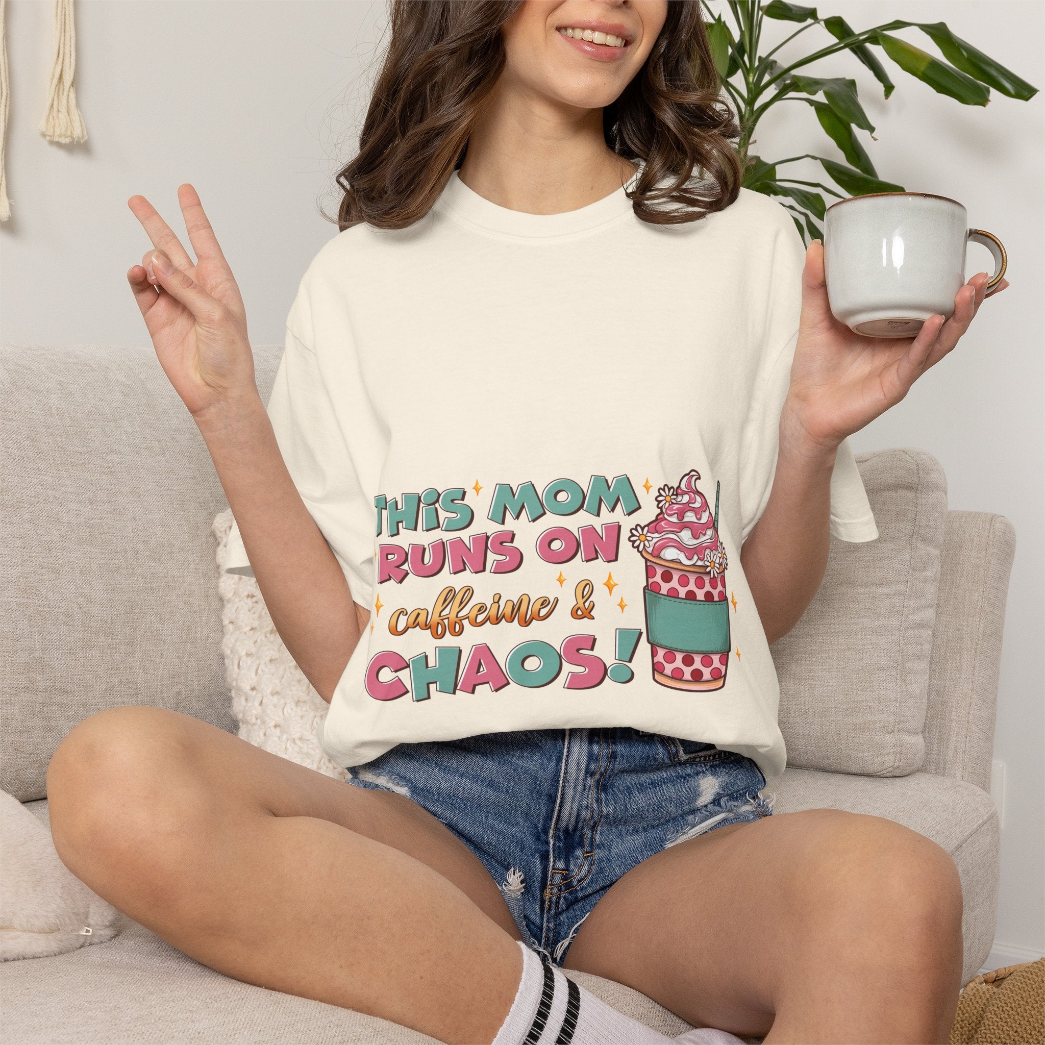 Mom Coffee T-Shirt — "This Mom Runs on Caffeine & Chaos" Cute Graphic Tee