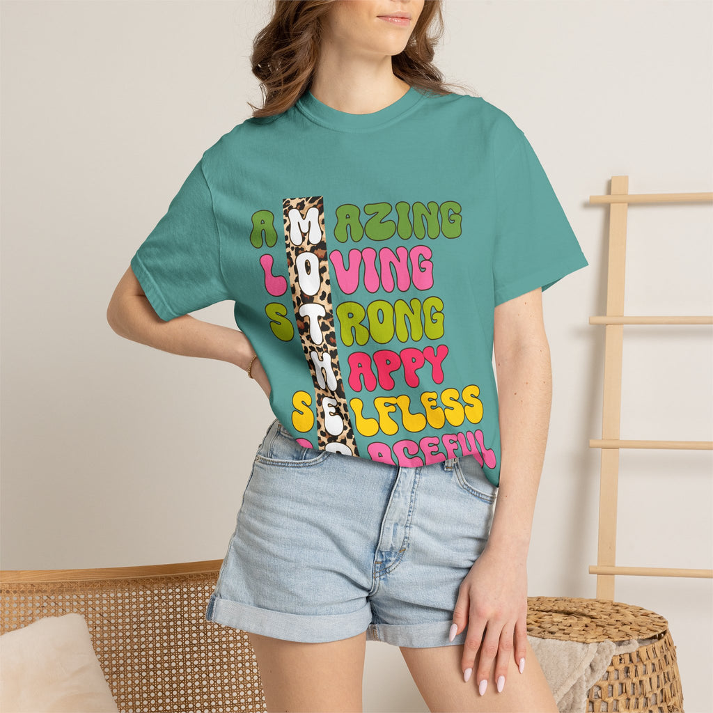 Mother Acrostic Graphic T-Shirt — Retro Bubble Letters & Leopard Accent