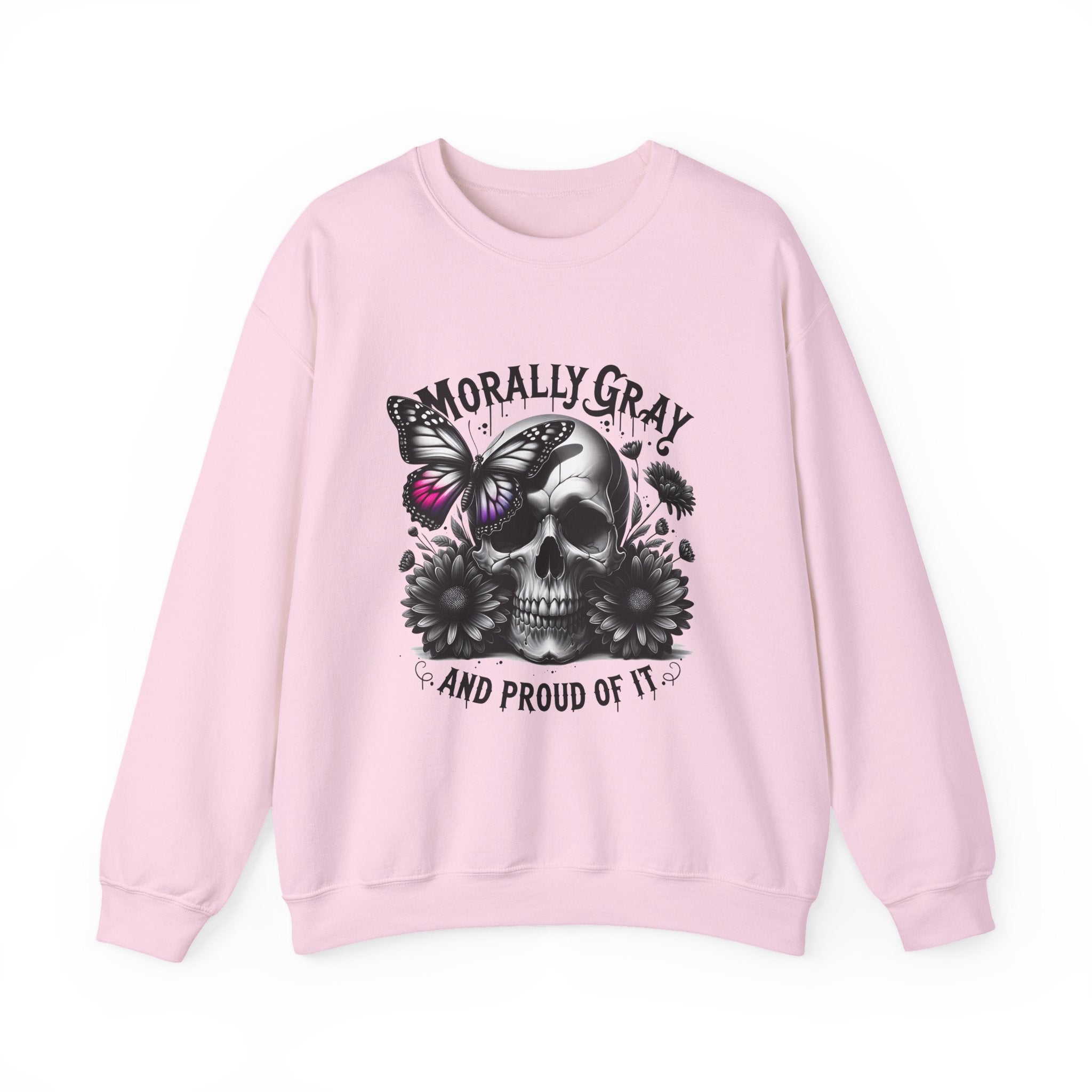 Morally Gray Skull Crewneck Sweatshirt – "Morally Gray and Proud of It" Gothic Butterfly Design