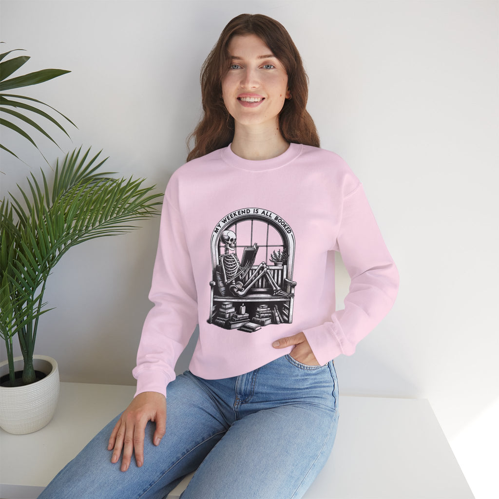 Skeleton Reading Sweatshirt — "My Weekend Is All Booked" Cozy Crewneck