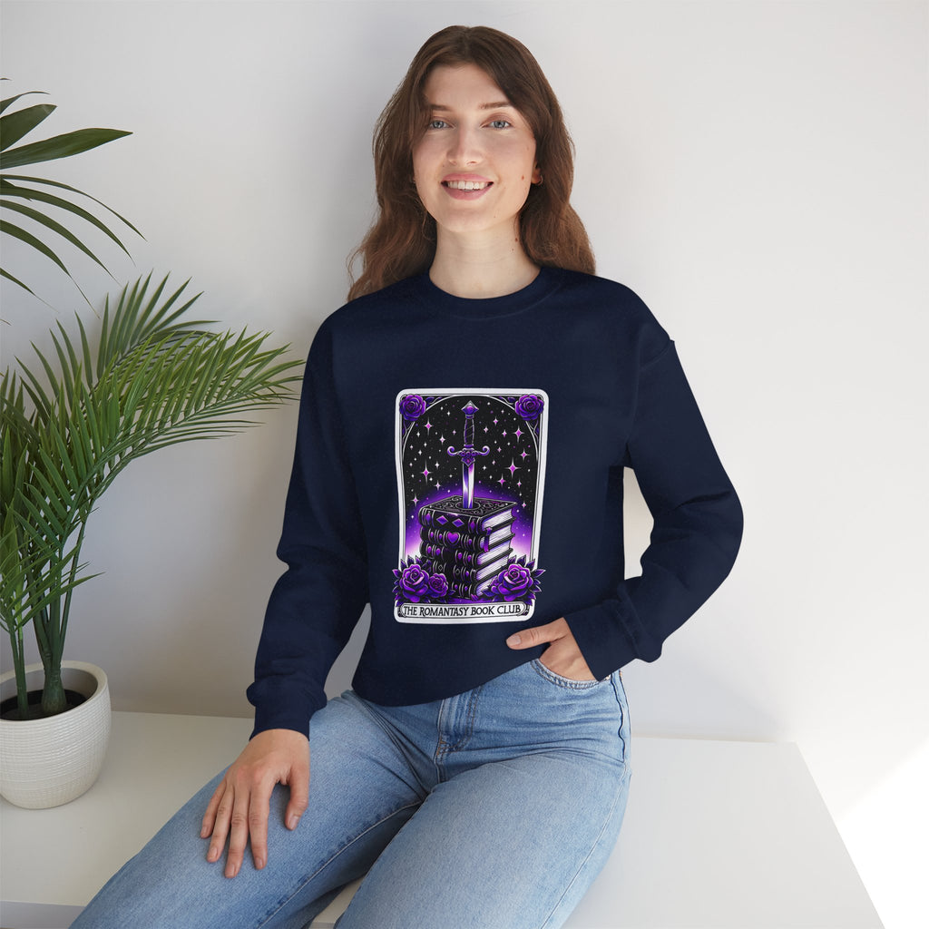 Crewneck Sweatshirt — The Bookish Witch: 'The Enchanted Book Club' Purple Sword & Books Graphic