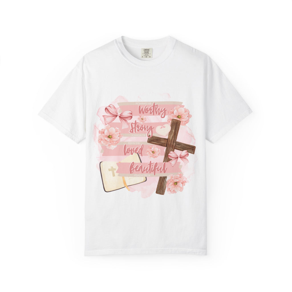 Christian Inspirational T-Shirt — "Worthy Strong Loved Beautiful" Cross & Bible Design