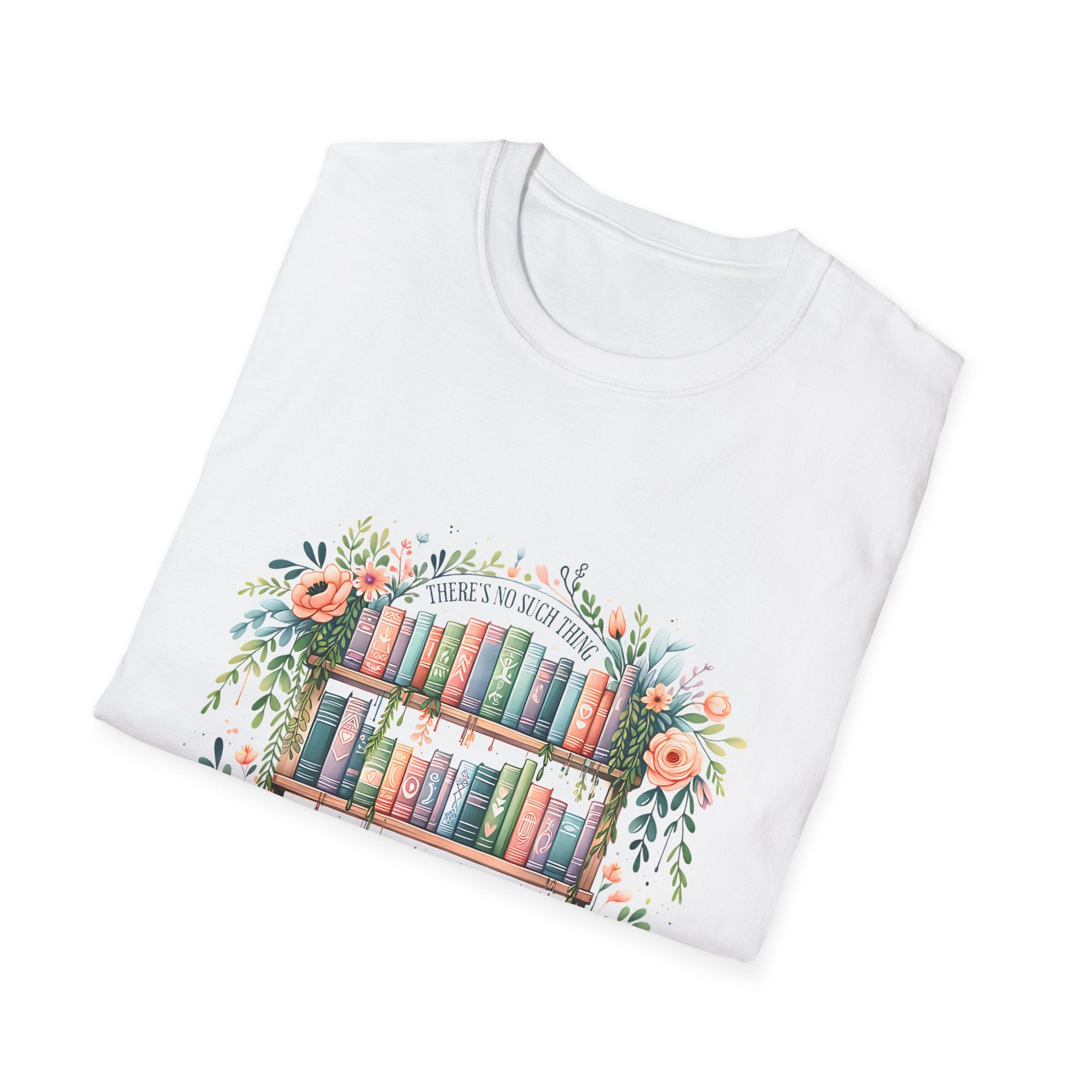 Booklover T-Shirt — Floral Bookshelf "Too Many Books" Graphic Tee