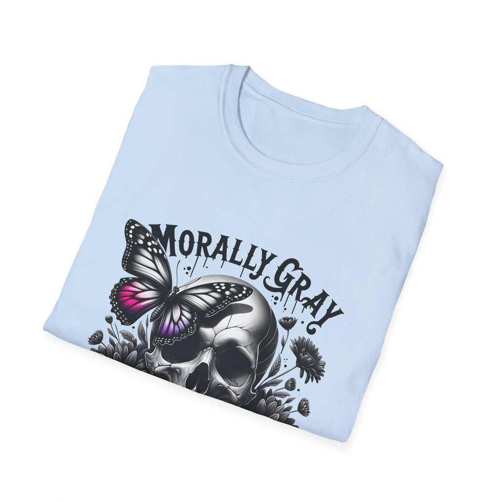 Morally Gray Skull T-Shirt — "Morally Gray and Proud of It" Gothic Butterfly Tee