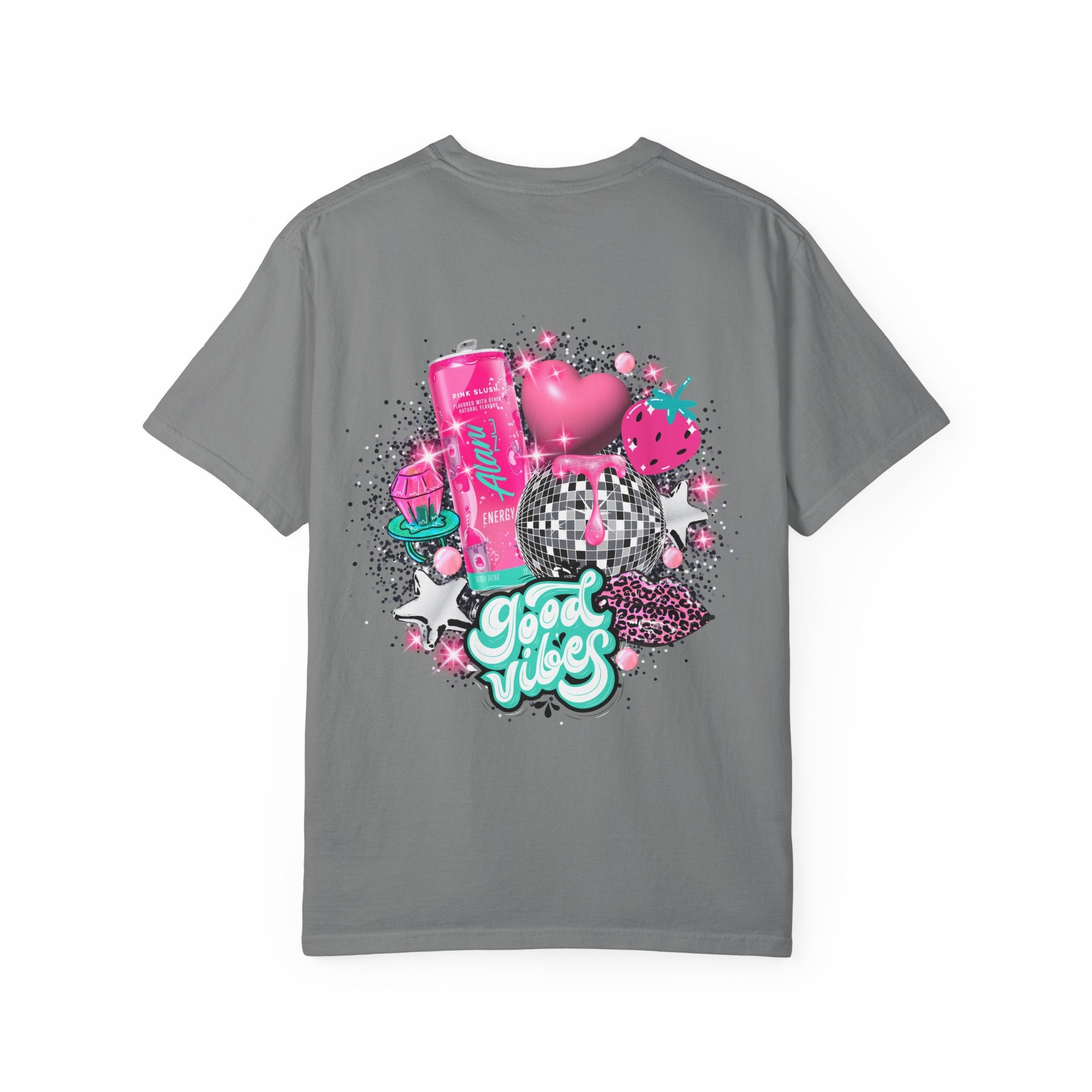 Good Vibes Graphic T-Shirt — 'Alani Nu' Chest Text, Pink Disco Back Design