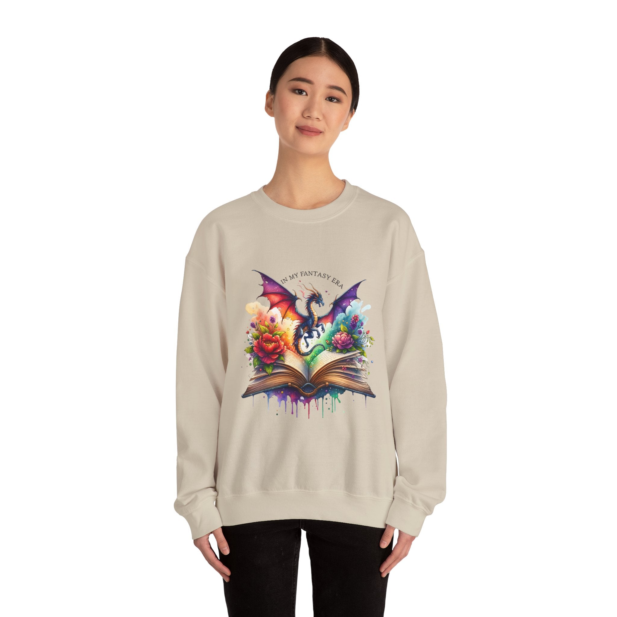 Crewneck Sweatshirt — Fantasy Dragon Emerging From Open Book with Flowers