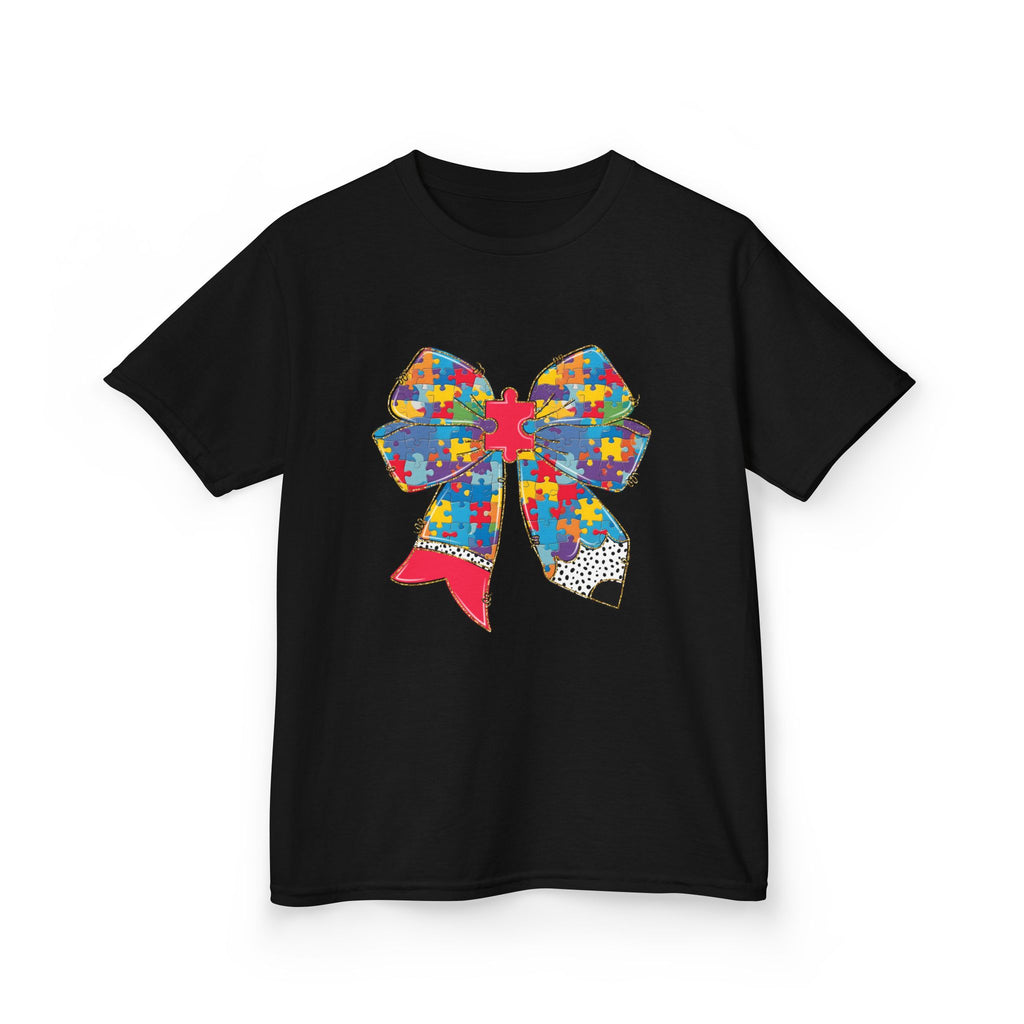 Autism Awareness Puzzle Bow Kids T‑Shirt – Autism Acceptance Gift
