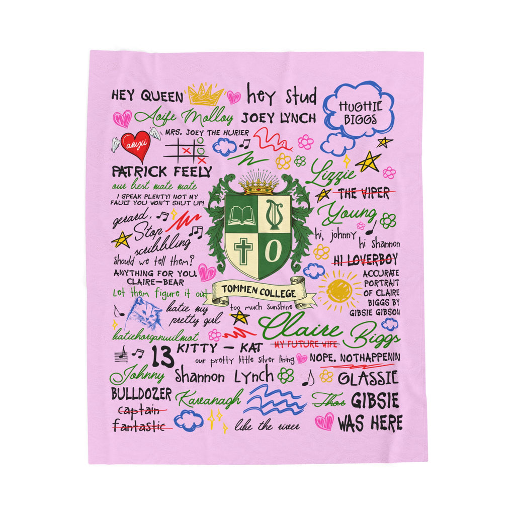 Velveteen Plush Blanket — Pink Doodle College Crest Throw