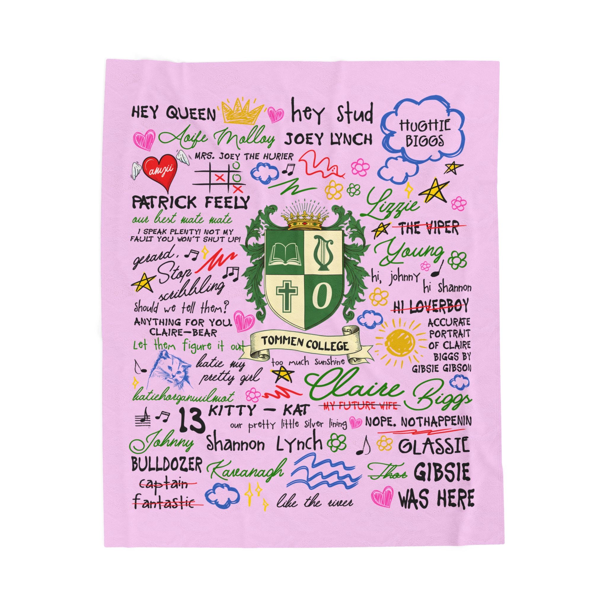 Velveteen Plush Blanket — Pink Doodle College Crest Throw