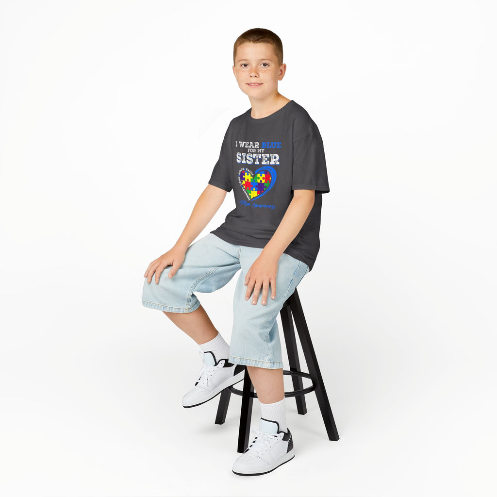Autism Awareness Kids Tee — "I Wear Blue For My Sister" Puzzle Heart