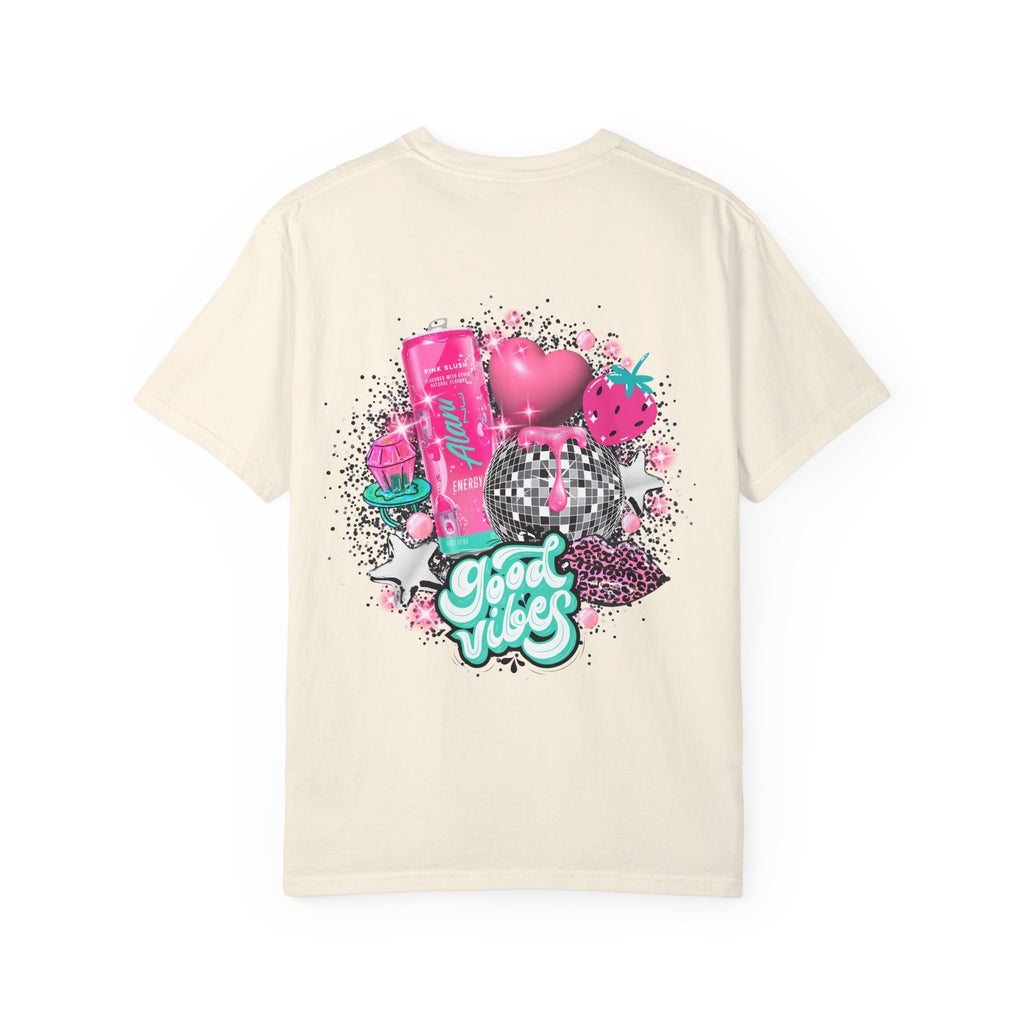 Good Vibes Graphic T-Shirt — 'Alani Nu' Chest Text, Pink Disco Back Design